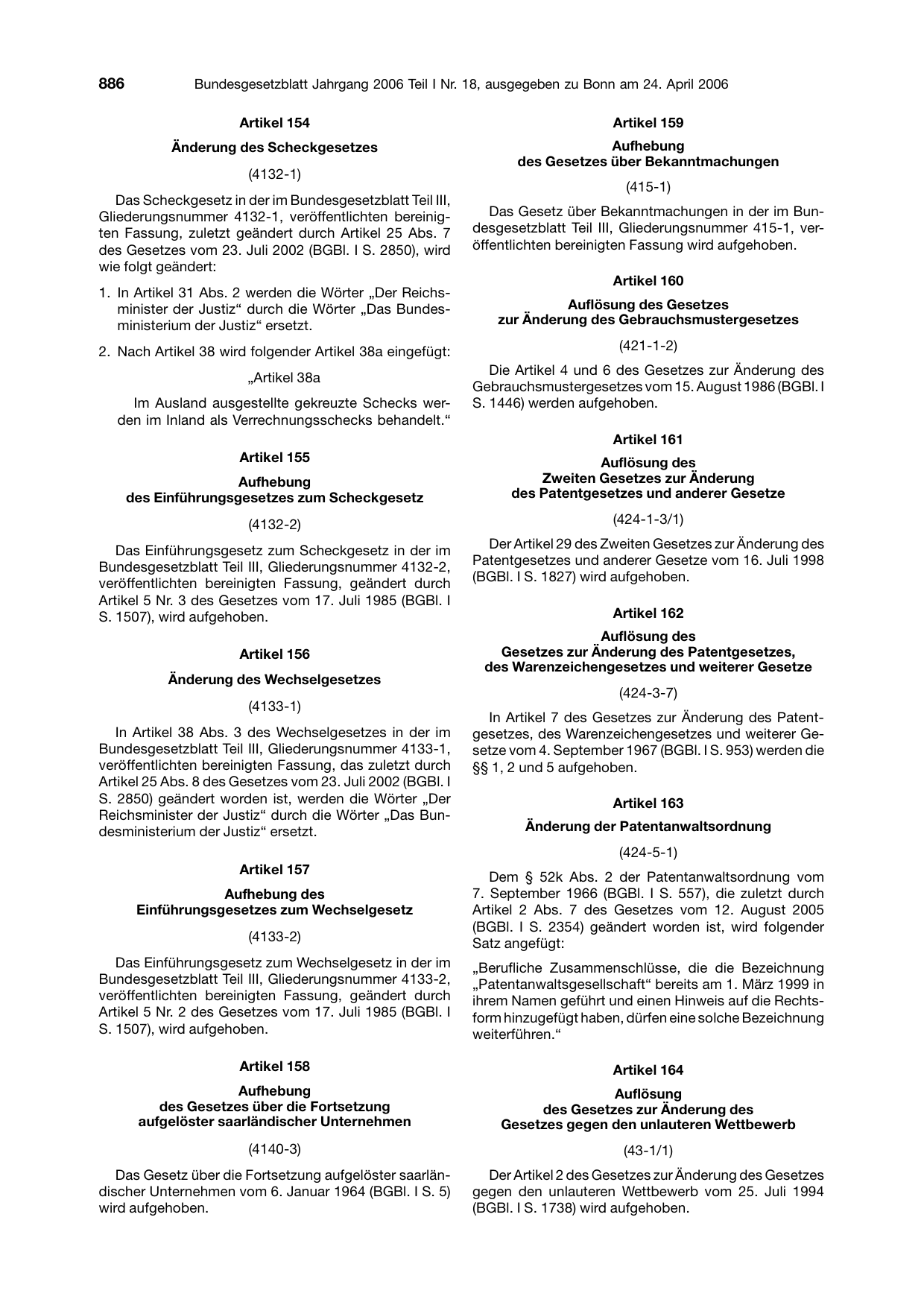 BGBl. 2006, Seite 886 — Originalseite als Abbildung