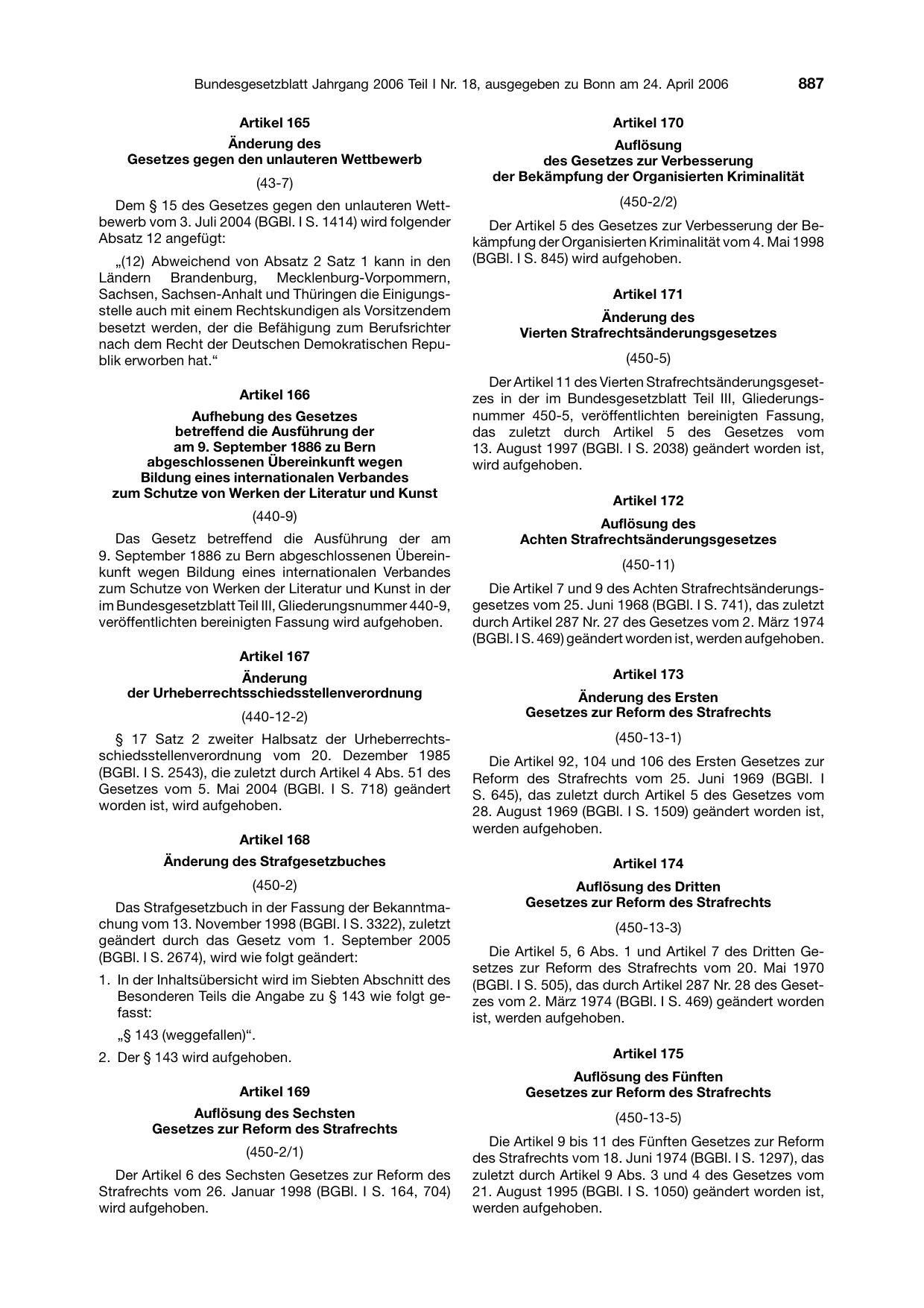 BGBl. 2006, Seite 887 — Originalseite als Abbildung