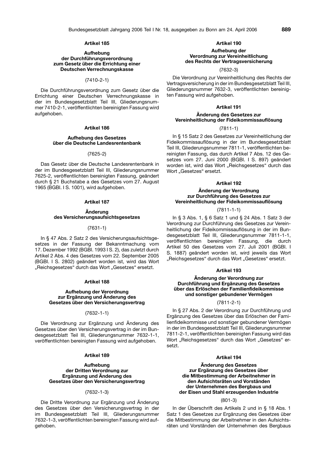 BGBl. 2006, Seite 889 — Originalseite als Abbildung