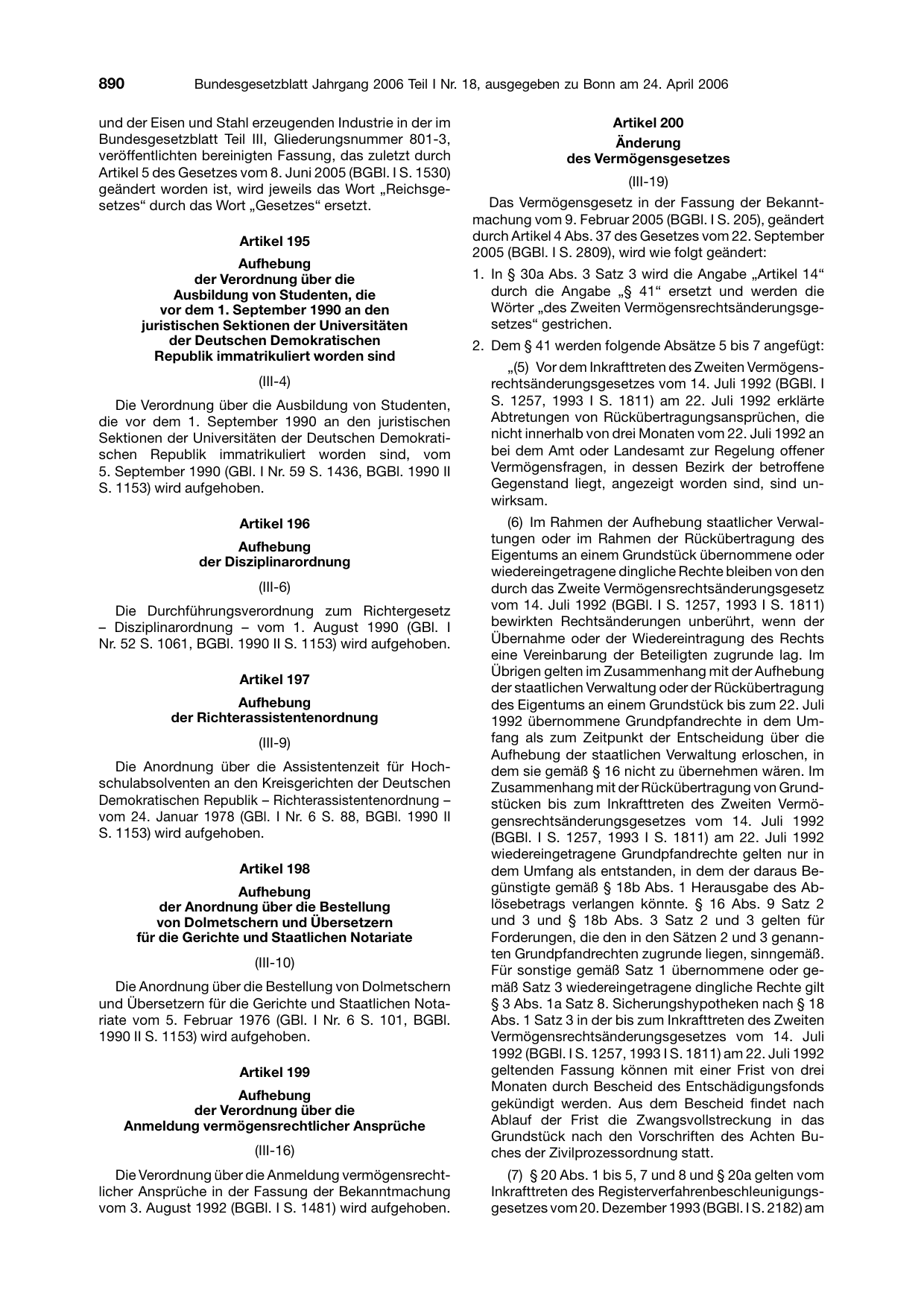 BGBl. 2006, Seite 890 — Originalseite als Abbildung