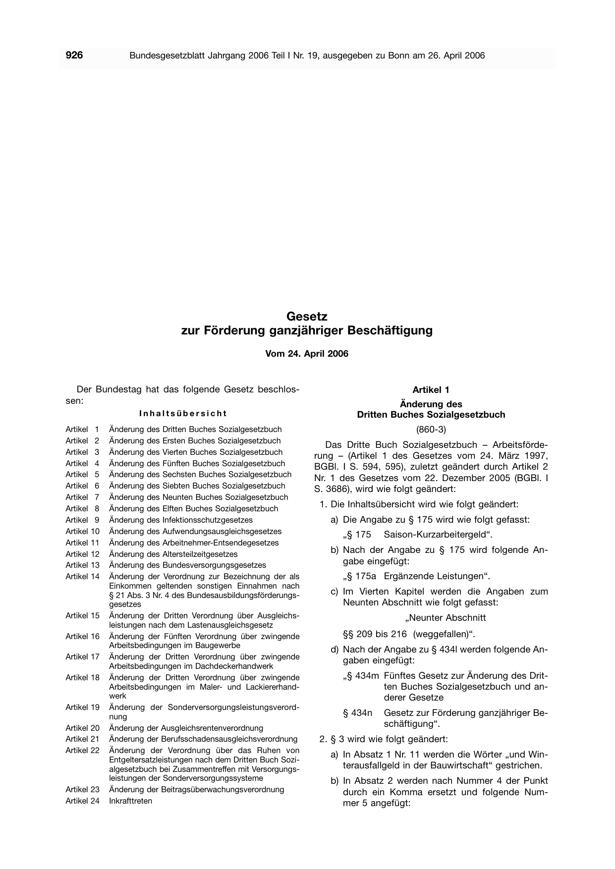 BGBl. 2006, Seite 926 — Originalseite als Abbildung