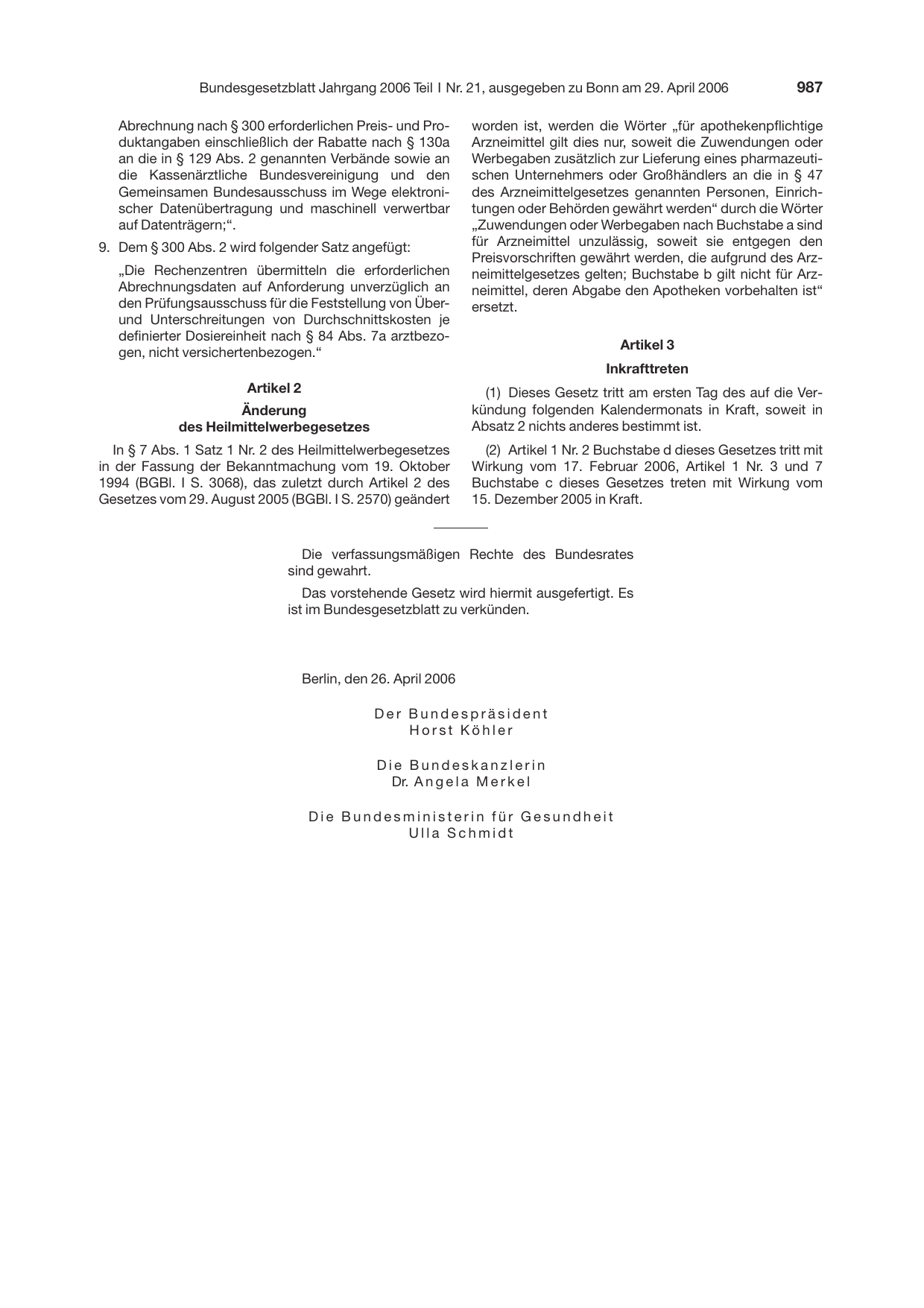 BGBl. 2006, Seite 987 — Originalseite als Abbildung