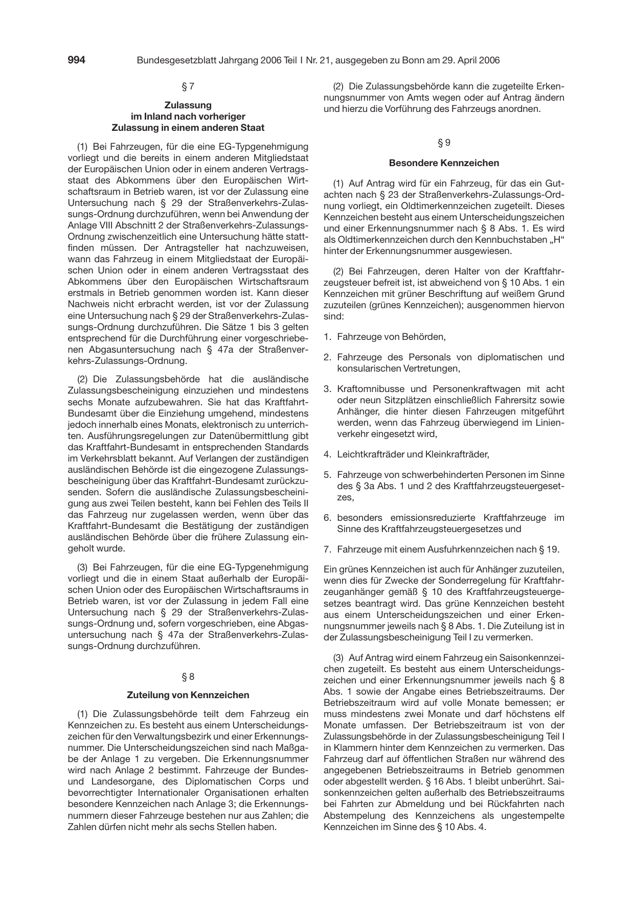 BGBl. 2006, Seite 994 — Originalseite als Abbildung