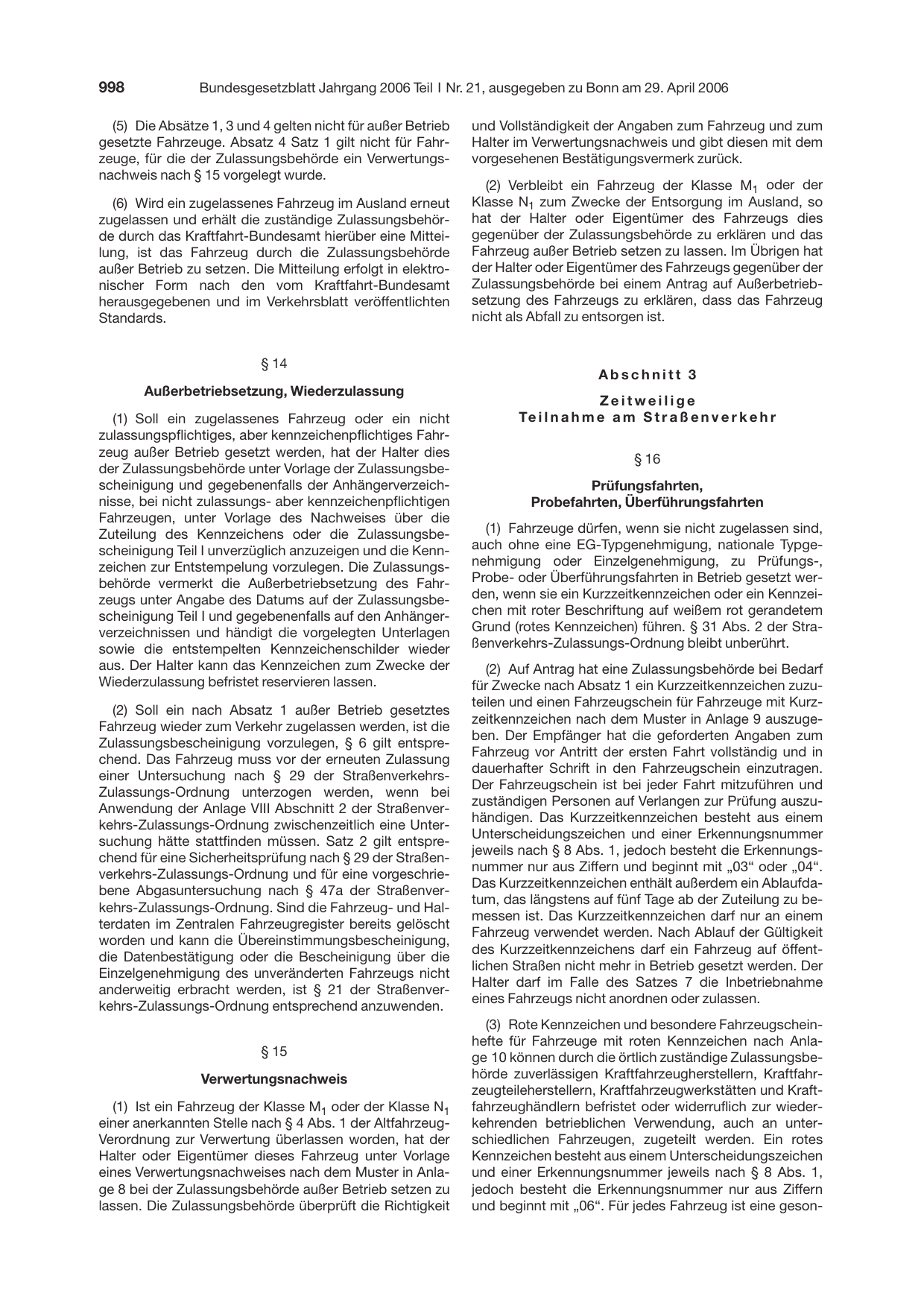 BGBl. 2006, Seite 998 — Originalseite als Abbildung