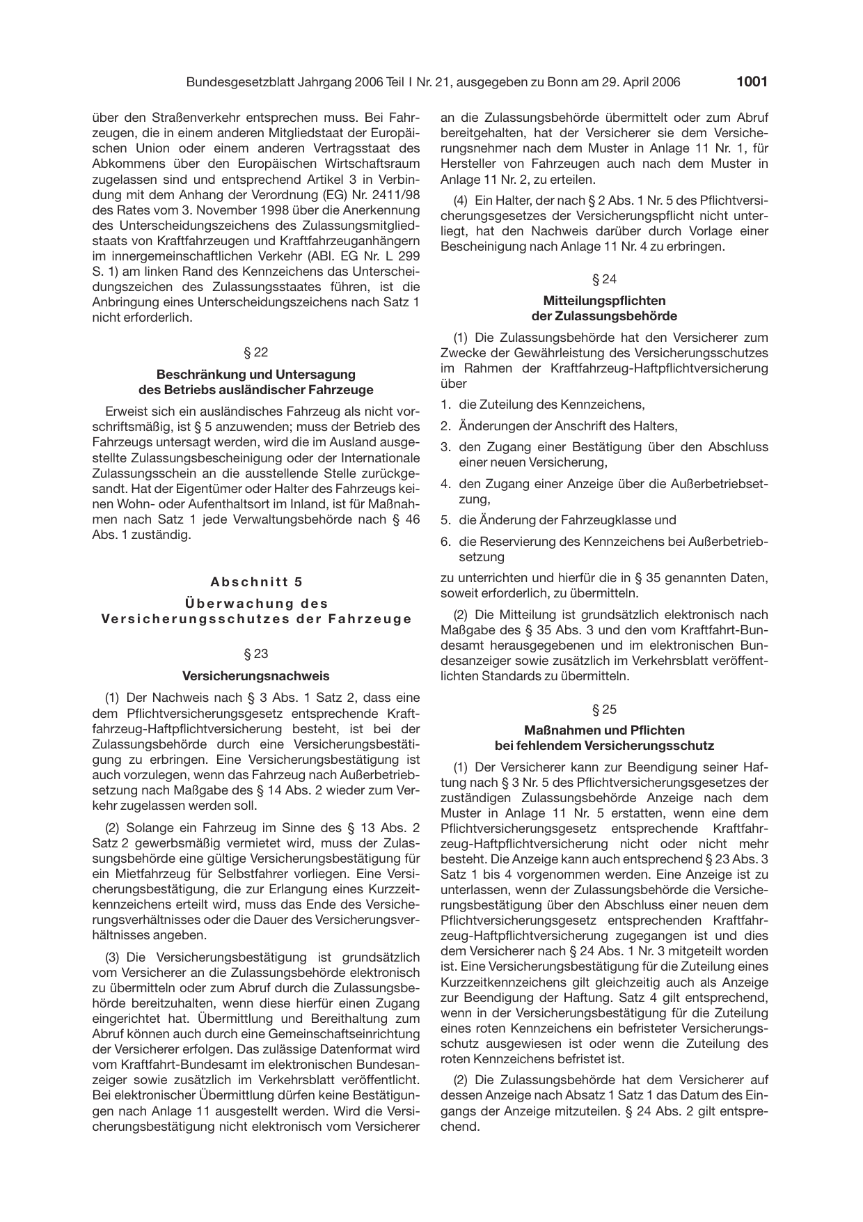 BGBl. 2006, Seite 1001 — Originalseite als Abbildung