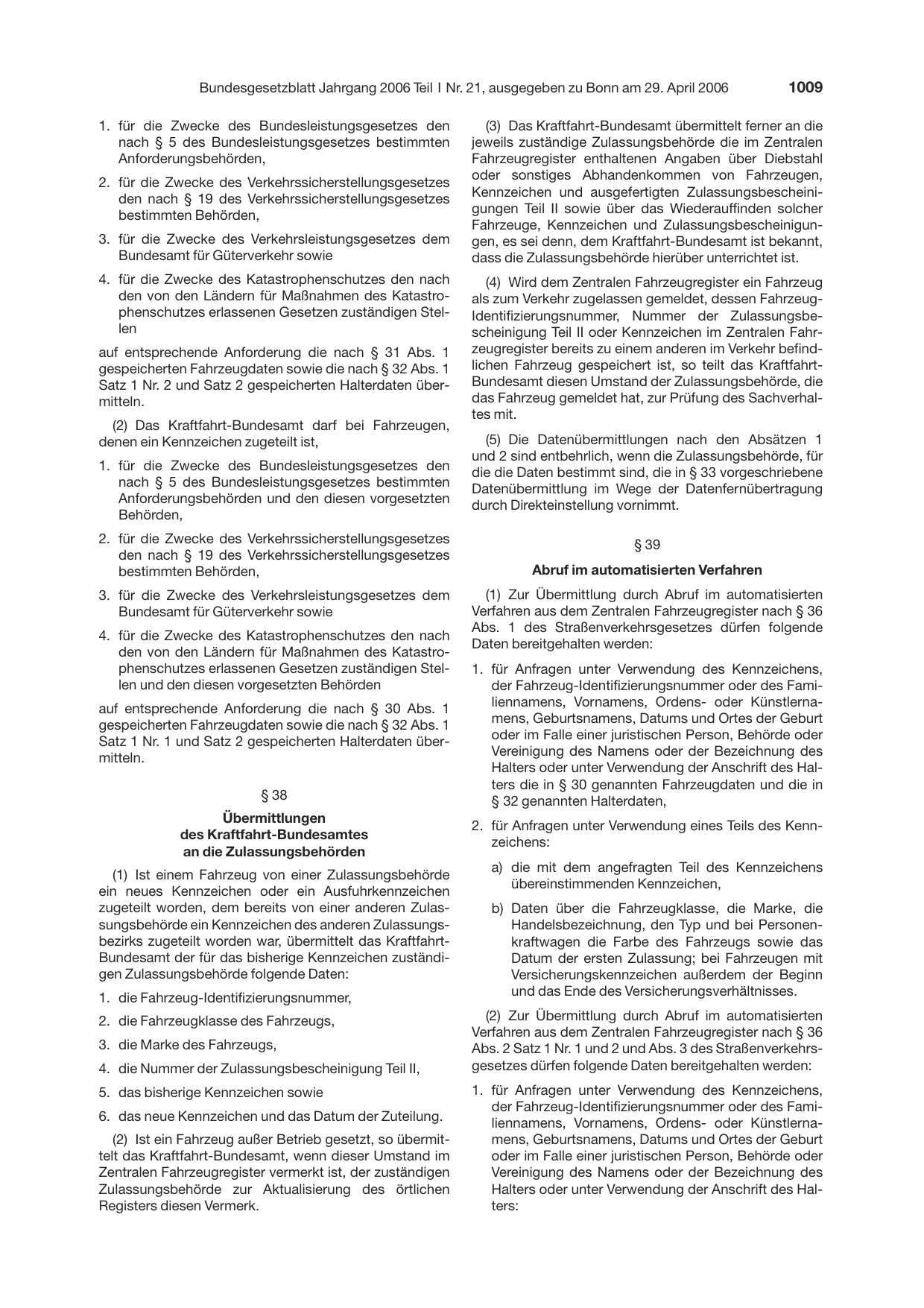 BGBl. 2006, Seite 1009 — Originalseite als Abbildung