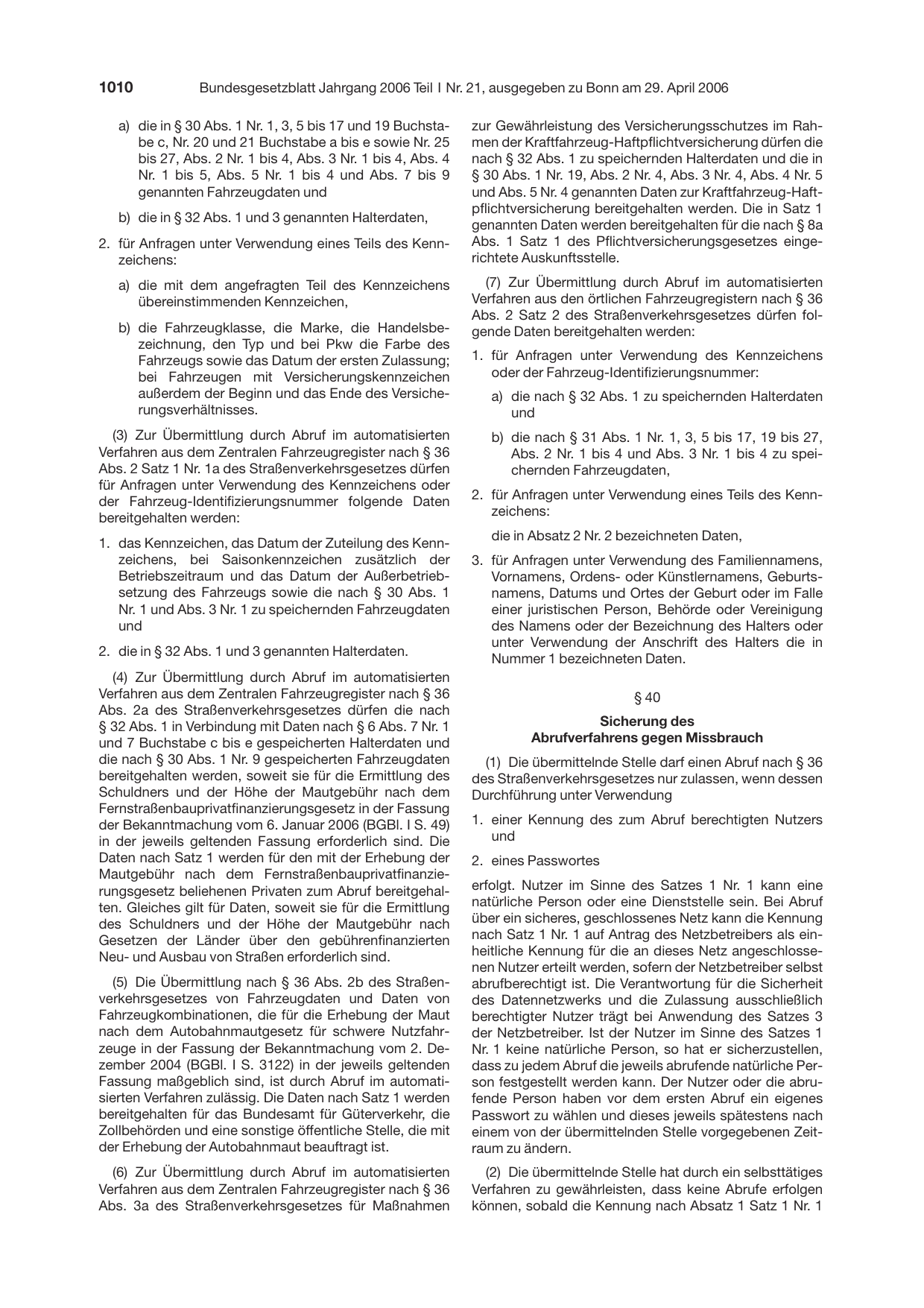 BGBl. 2006, Seite 1010 — Originalseite als Abbildung