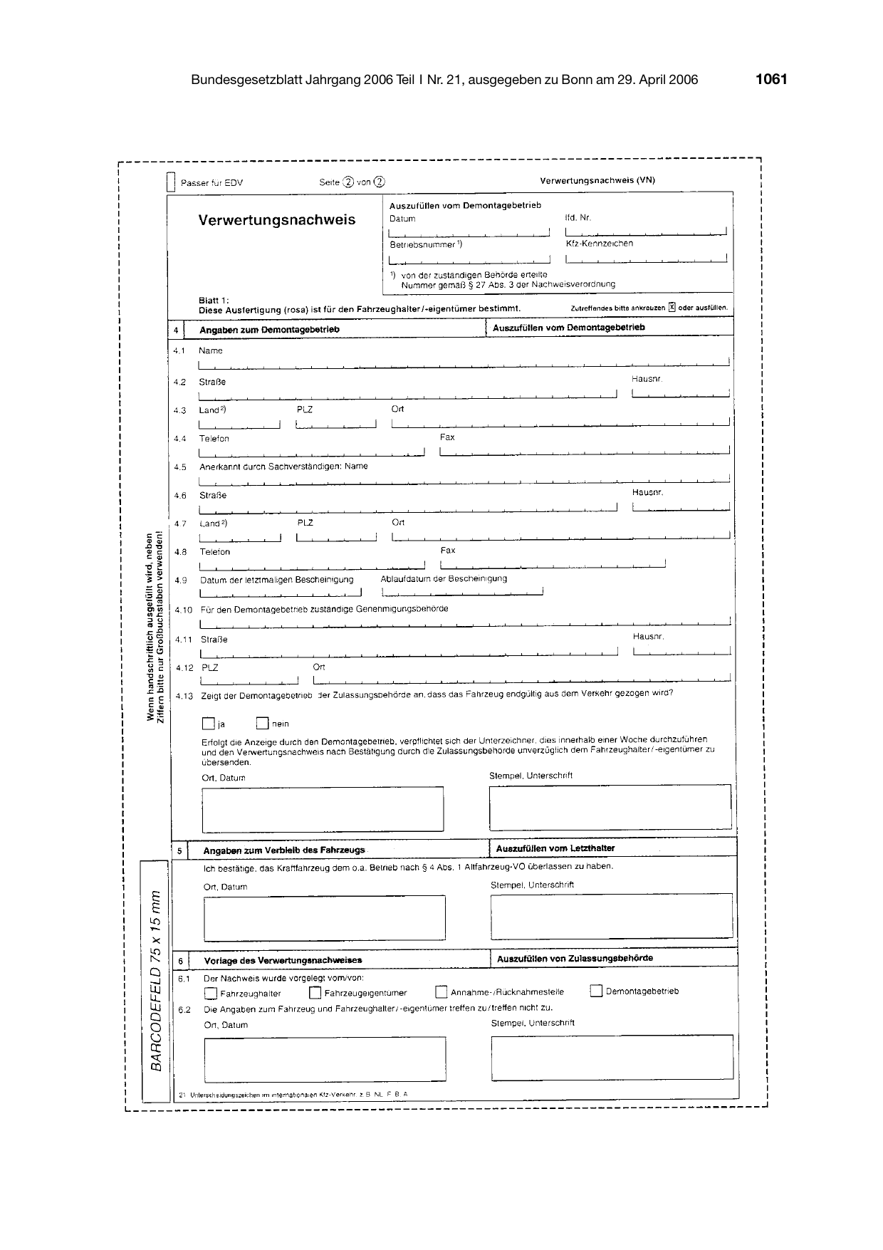 BGBl. 2006, Seite 1061 — Originalseite als Abbildung