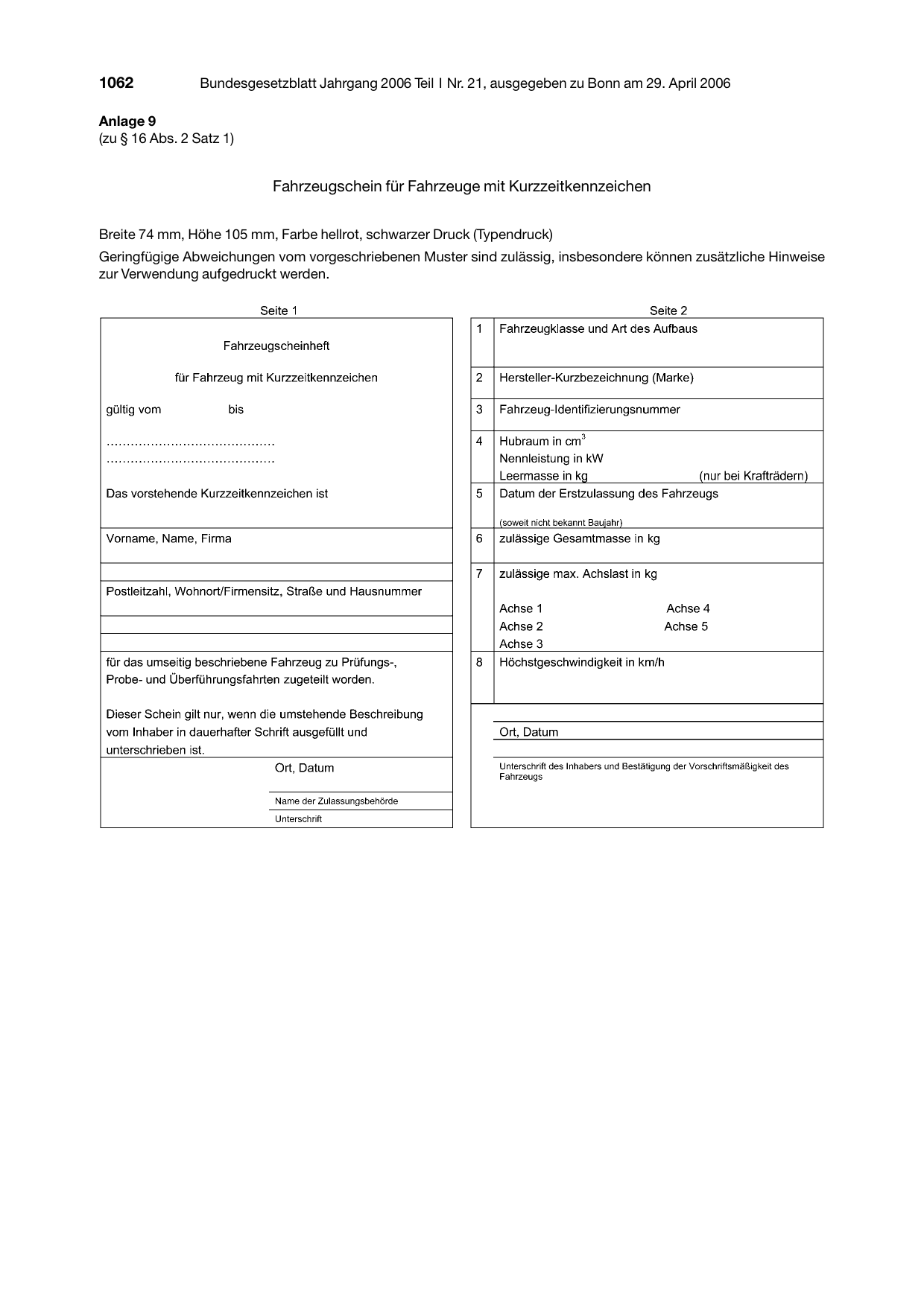 BGBl. 2006, Seite 1062 — Originalseite als Abbildung