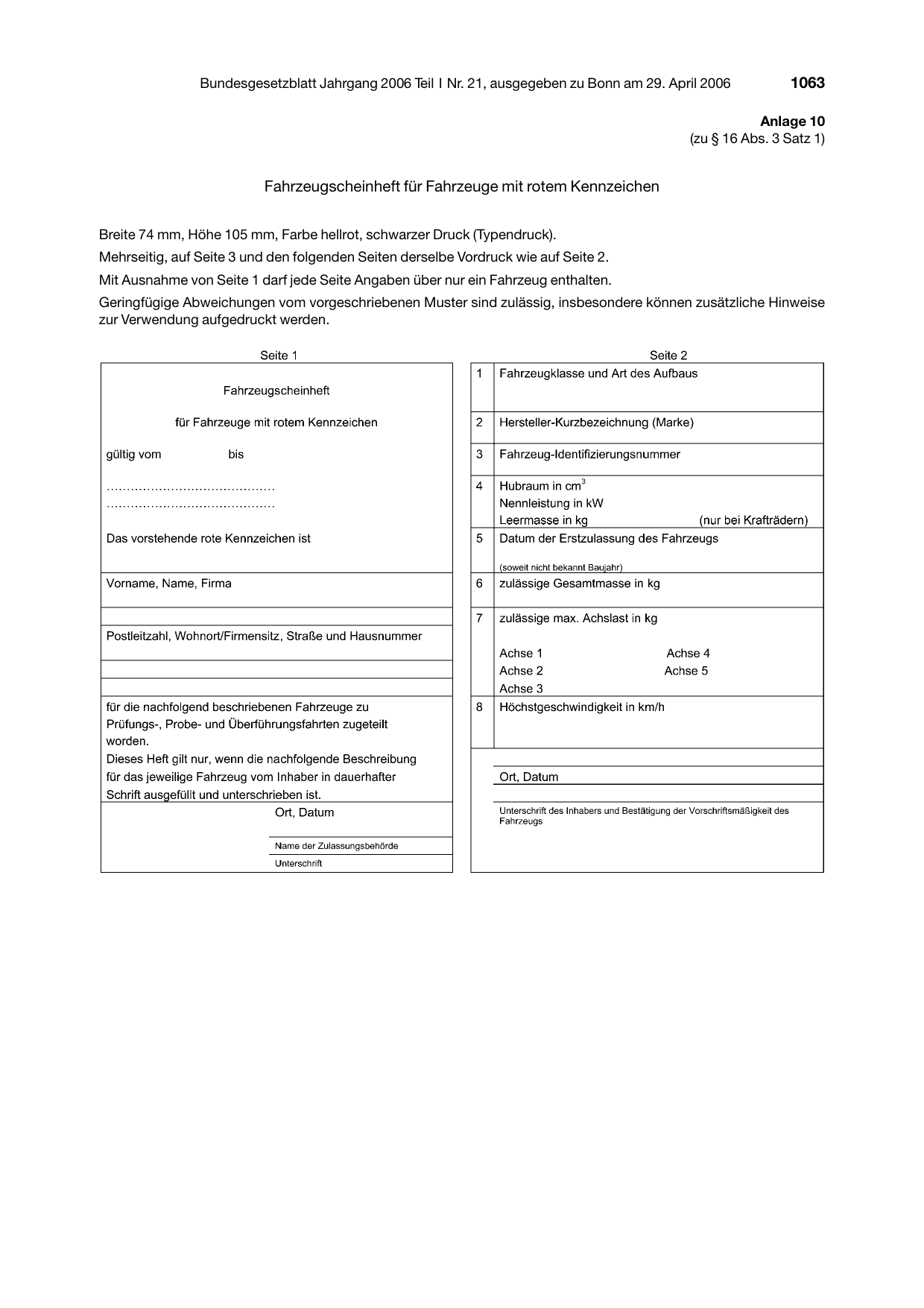 BGBl. 2006, Seite 1063 — Originalseite als Abbildung