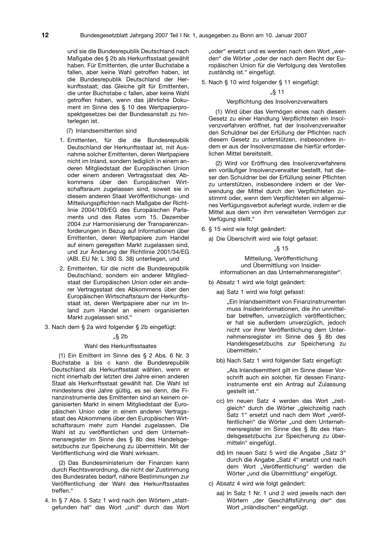 BGBl. 2007, Seite 12 — Originalseite als Abbildung