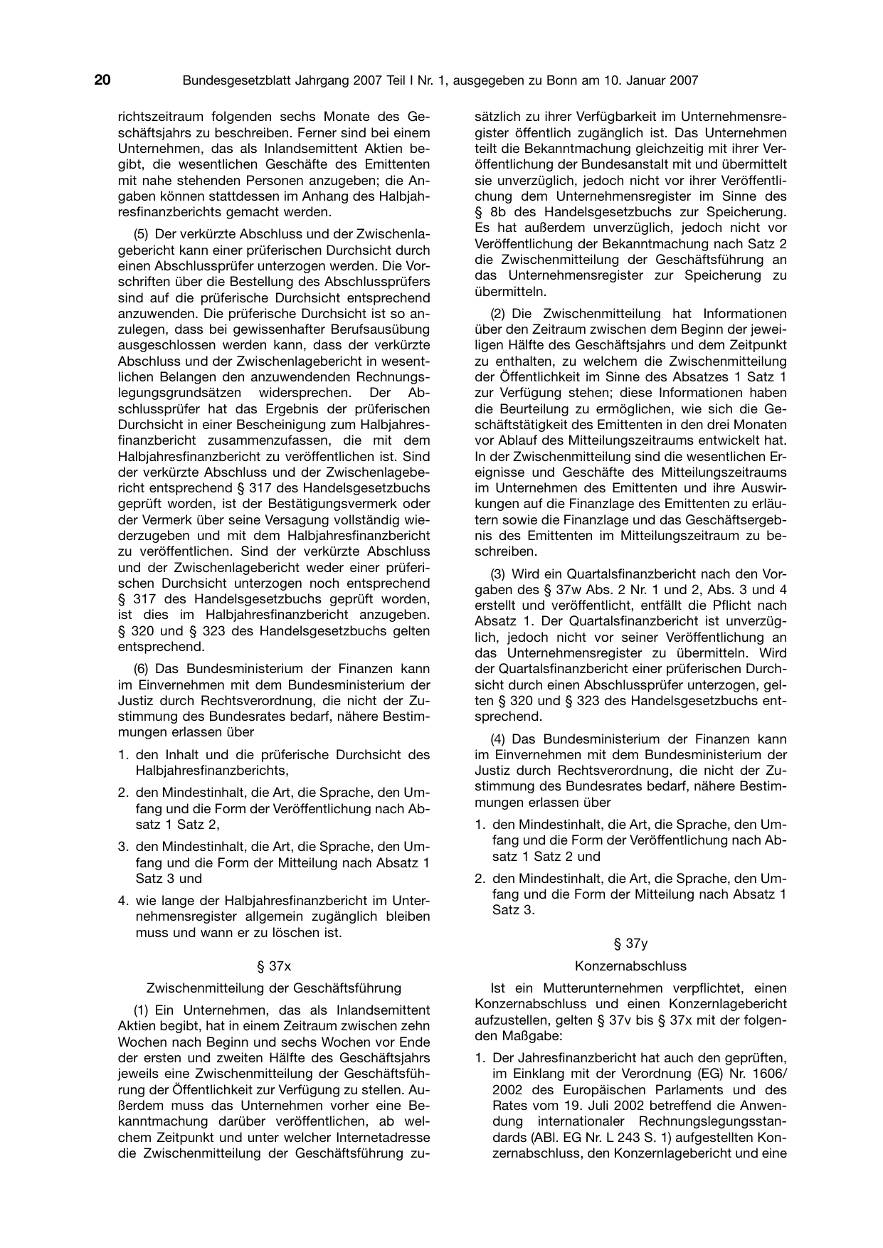 BGBl. 2007, Seite 20 — Originalseite als Abbildung