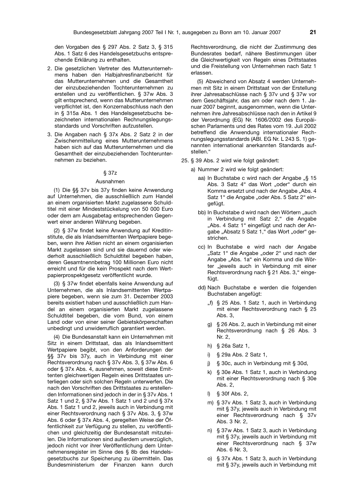 BGBl. 2007, Seite 21 — Originalseite als Abbildung