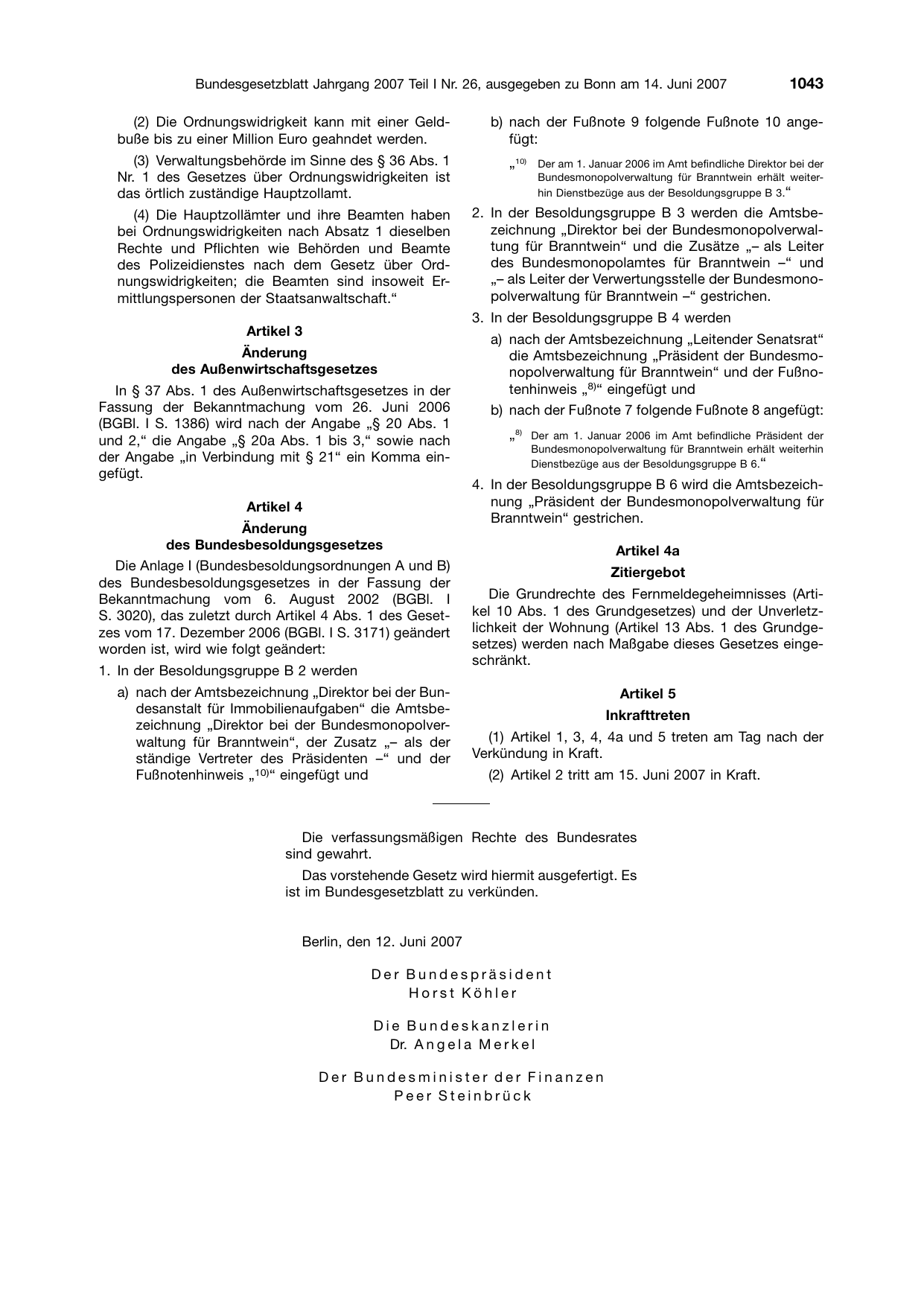 BGBl. 2007, Seite 1043 — Originalseite als Abbildung