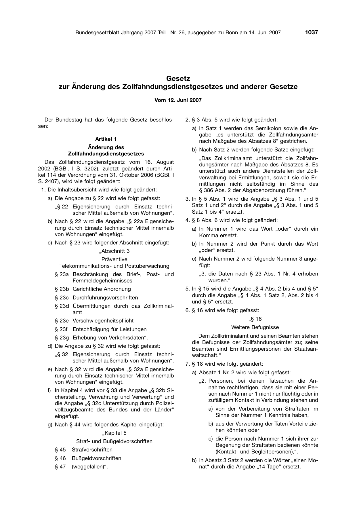 BGBl. 2007, Seite 1037 — Originalseite als Abbildung