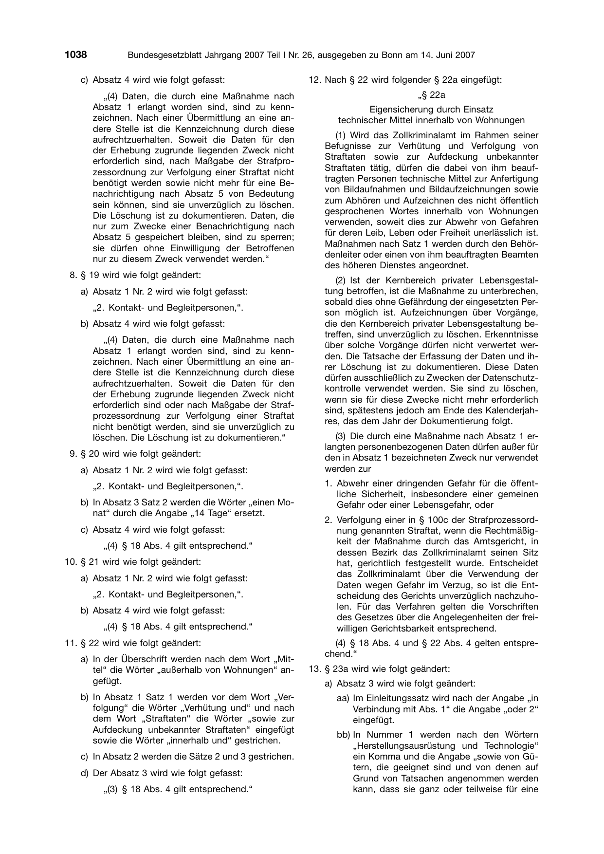 BGBl. 2007, Seite 1038 — Originalseite als Abbildung