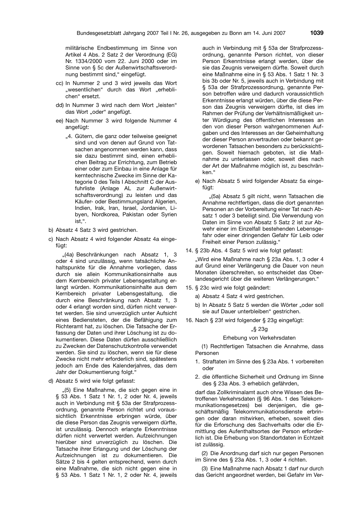 BGBl. 2007, Seite 1039 — Originalseite als Abbildung