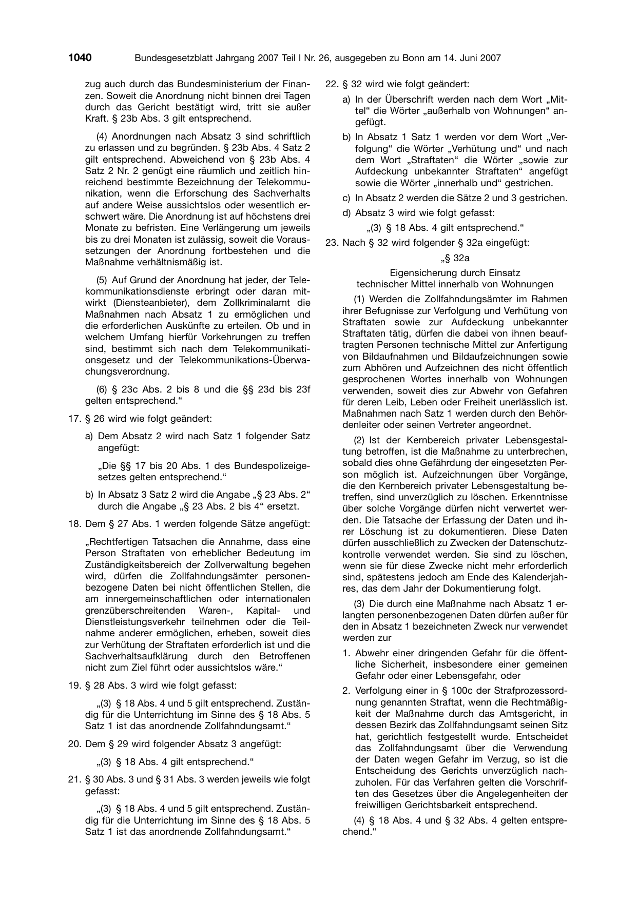 BGBl. 2007, Seite 1040 — Originalseite als Abbildung