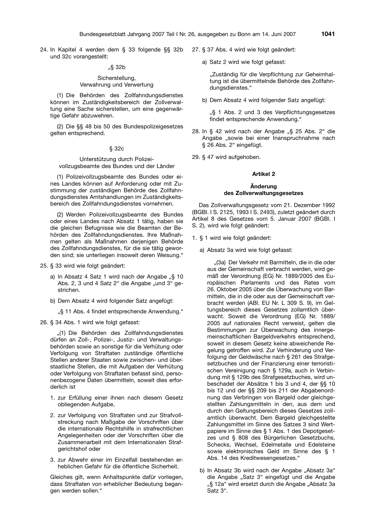 BGBl. 2007, Seite 1041 — Originalseite als Abbildung