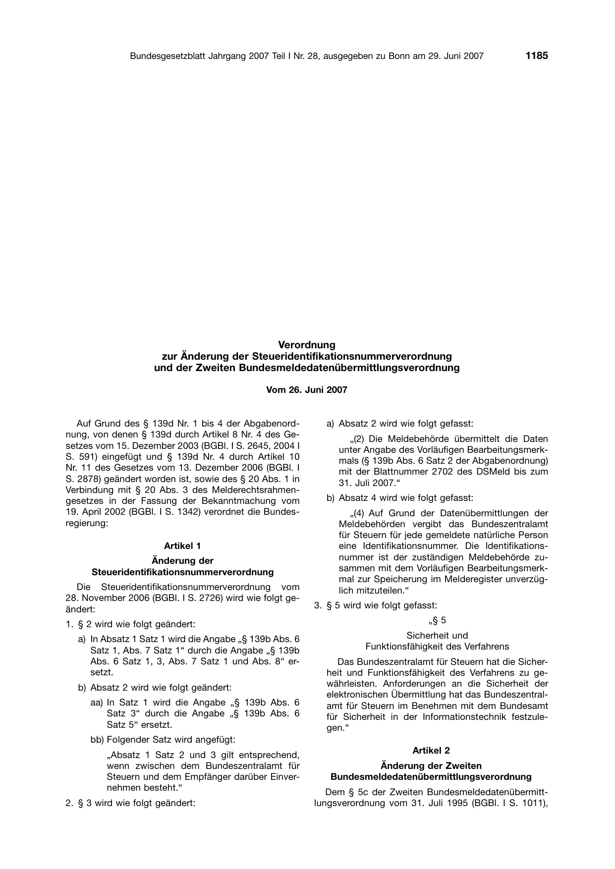 BGBl. 2007, Seite 1185 — Originalseite als Abbildung