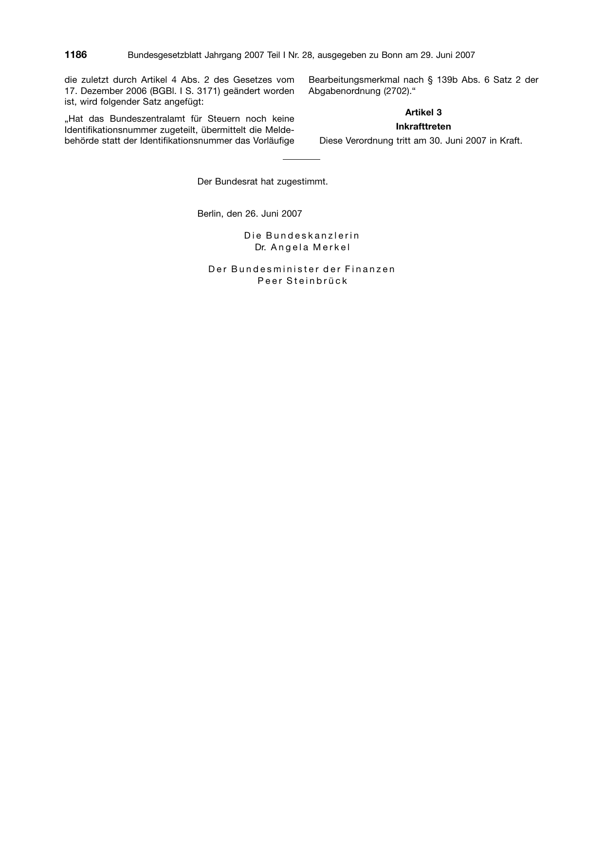 BGBl. 2007, Seite 1186 — Originalseite als Abbildung