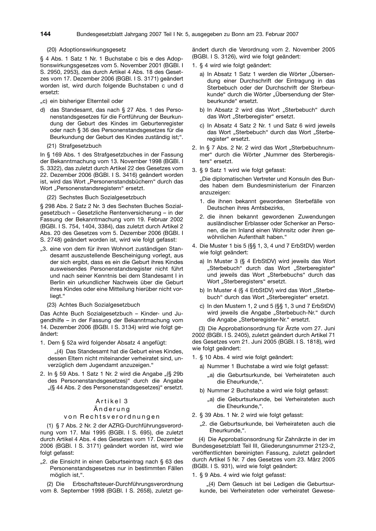 BGBl. 2007, Seite 144 — Originalseite als Abbildung