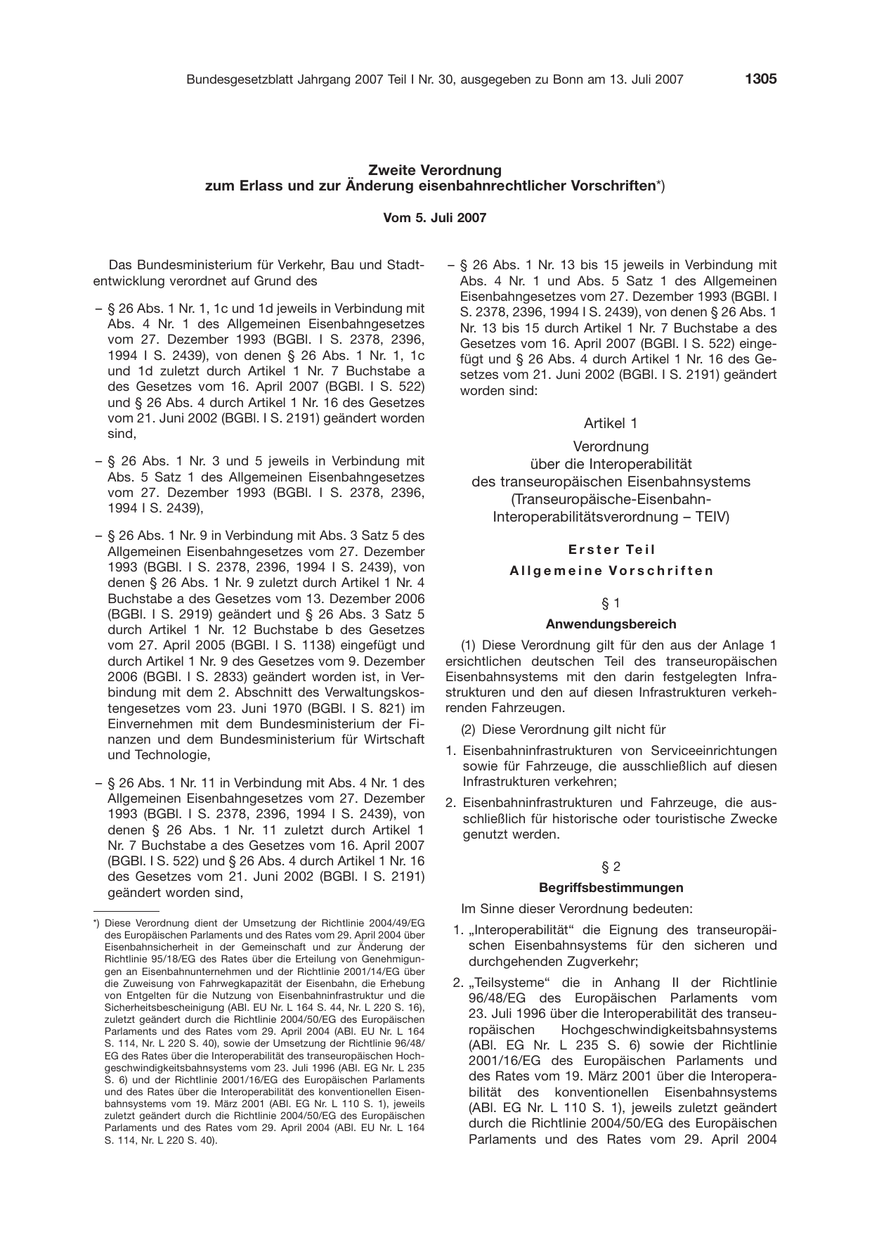 BGBl. 2007, Seite 1305 — Originalseite als Abbildung