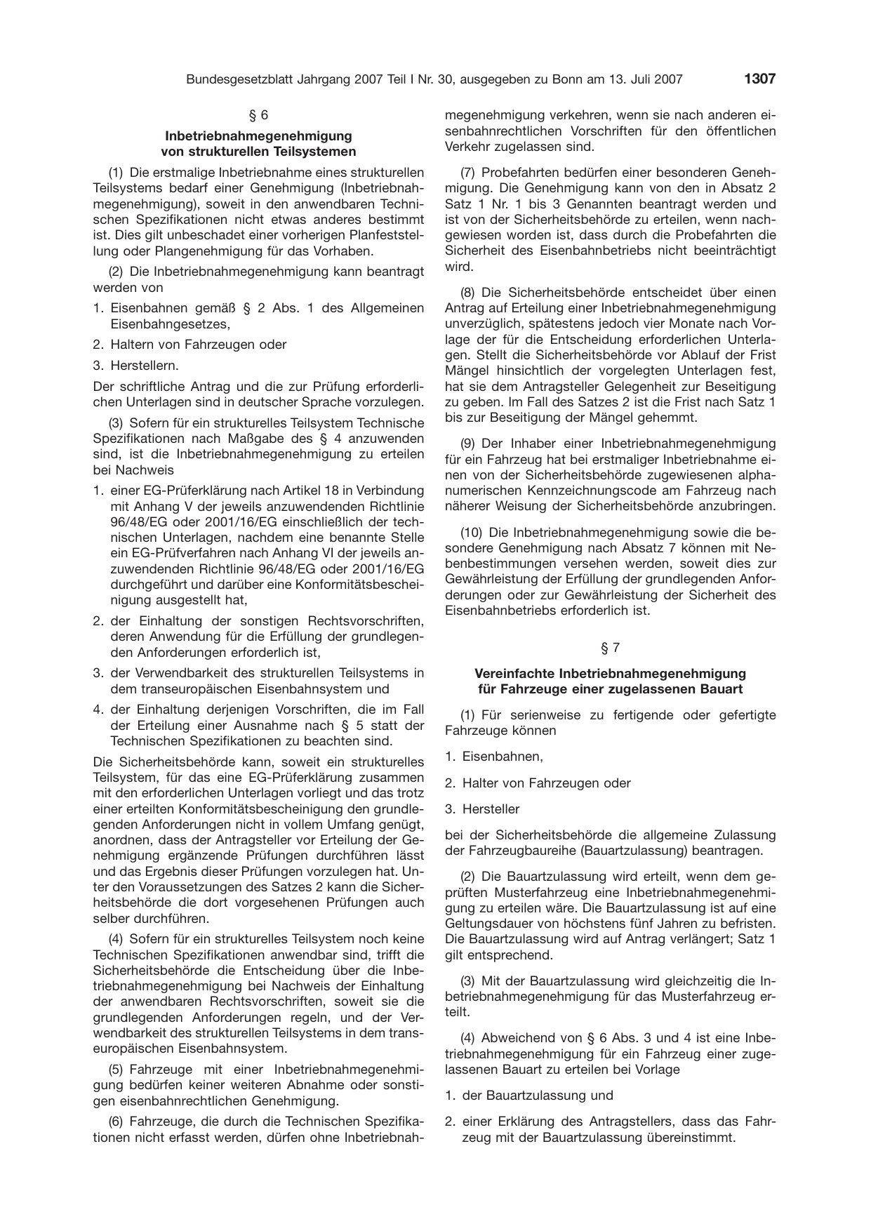 BGBl. 2007, Seite 1307 — Originalseite als Abbildung