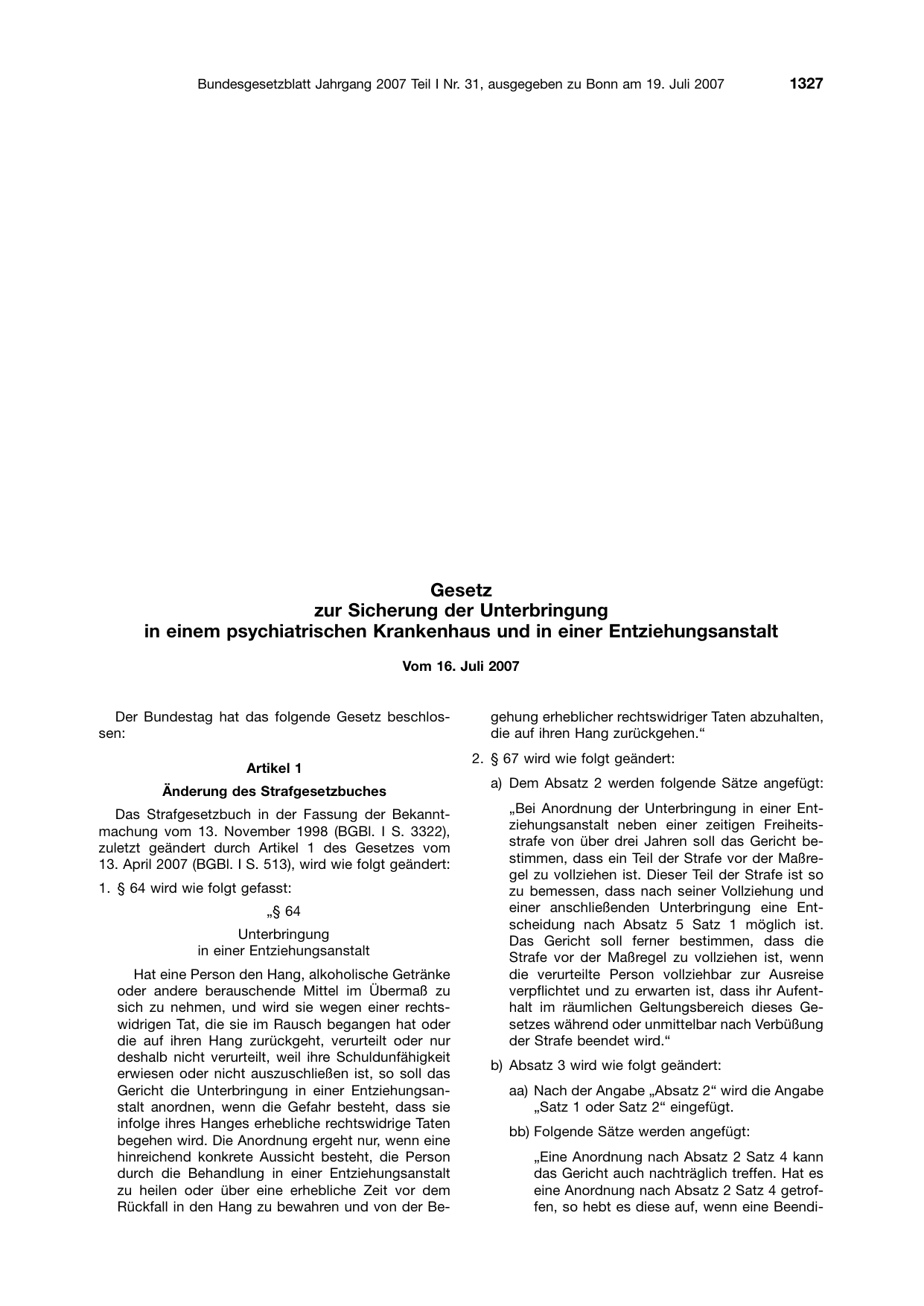 BGBl. 2007, Seite 1327 — Originalseite als Abbildung