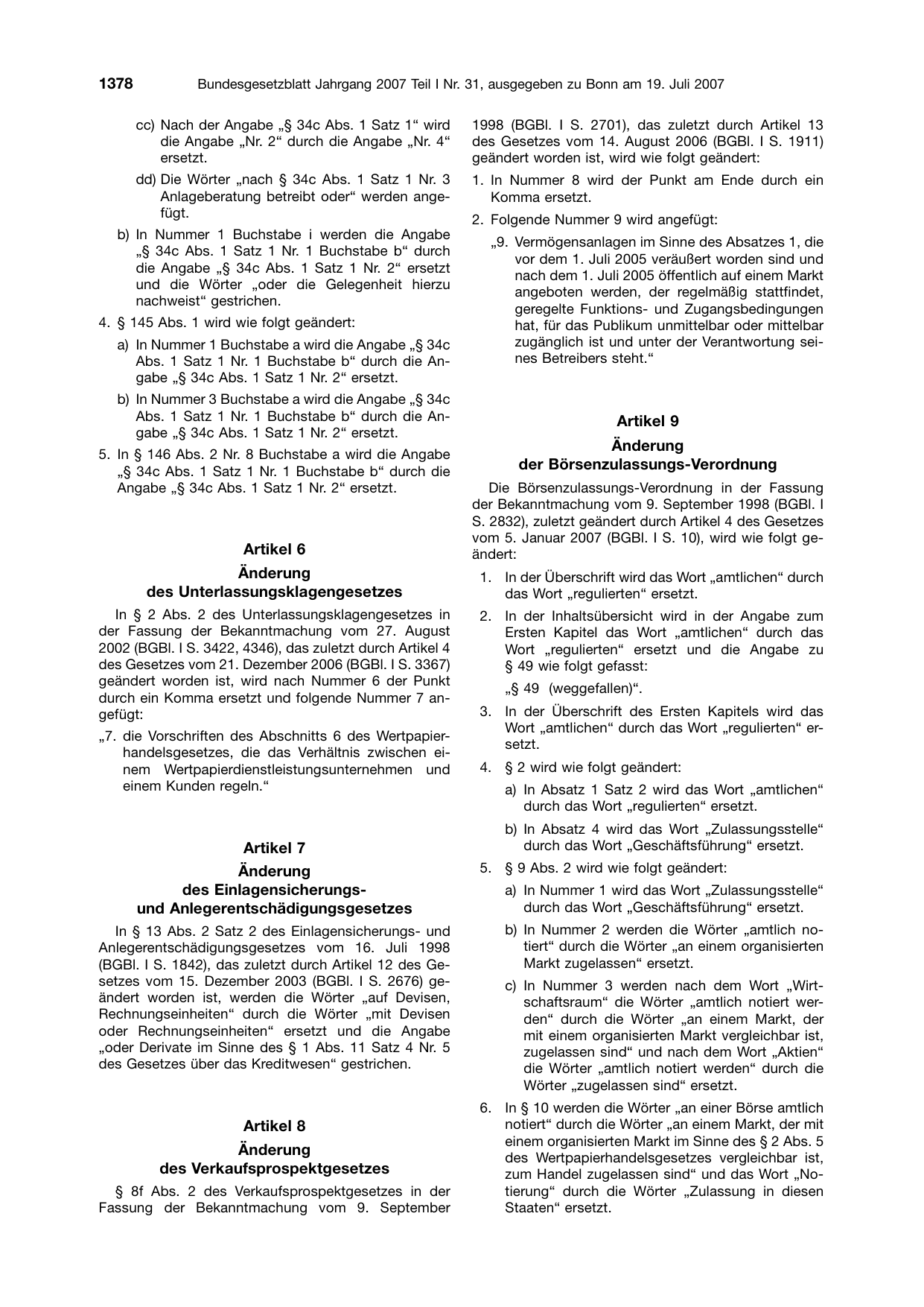 BGBl. 2007, Seite 1378 — Originalseite als Abbildung