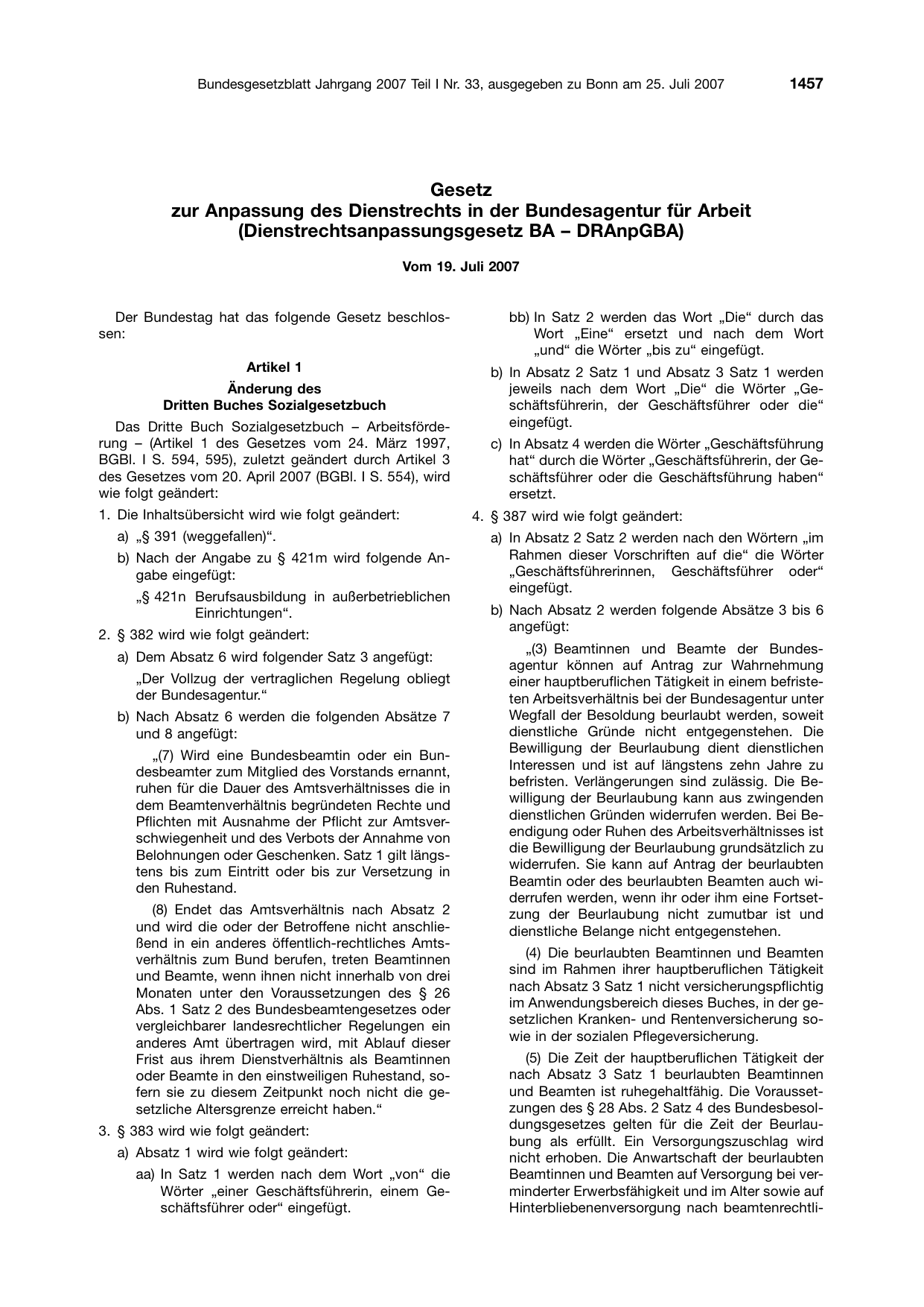 BGBl. 2007, Seite 1457 — Originalseite als Abbildung