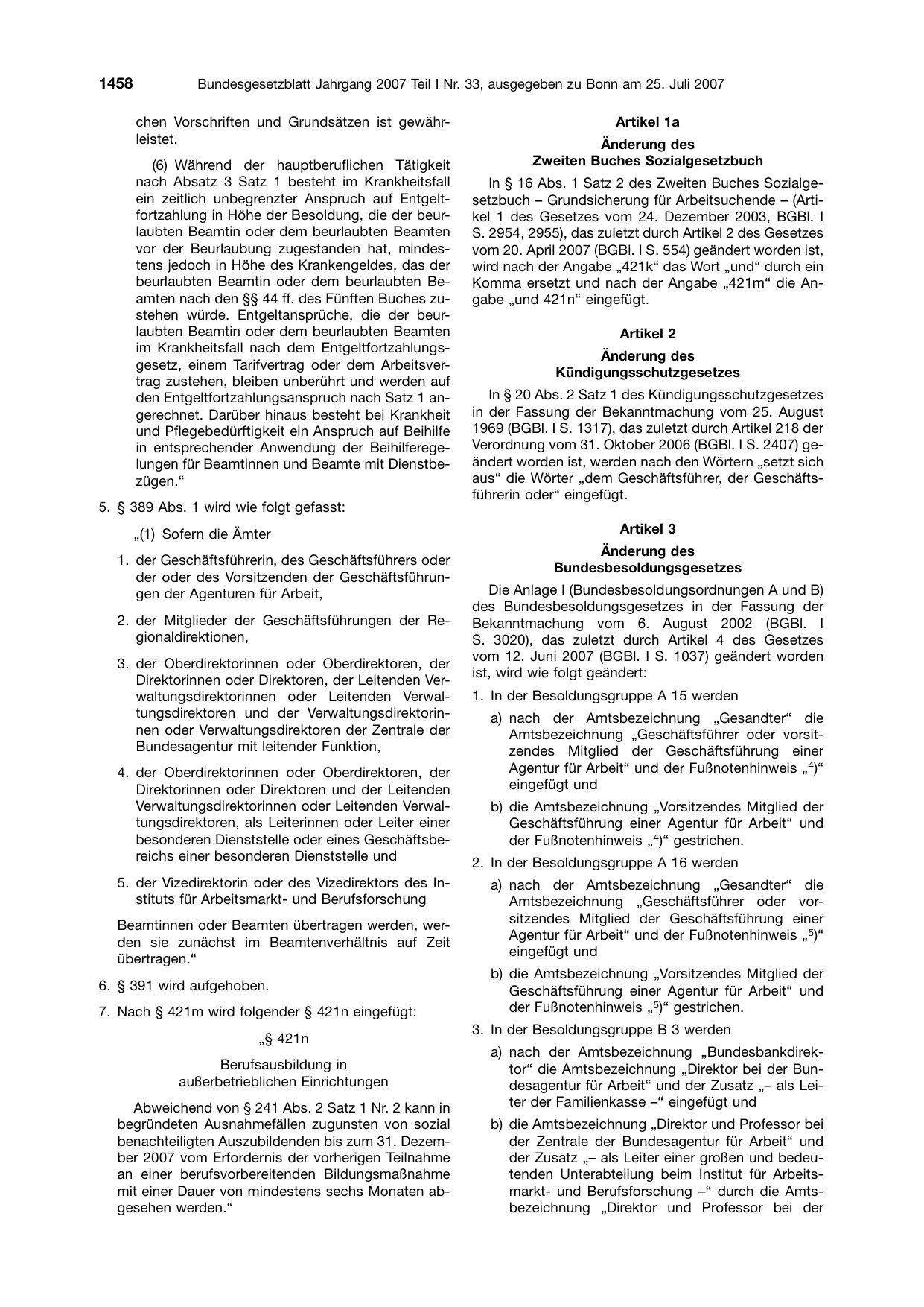 BGBl. 2007, Seite 1458 — Originalseite als Abbildung