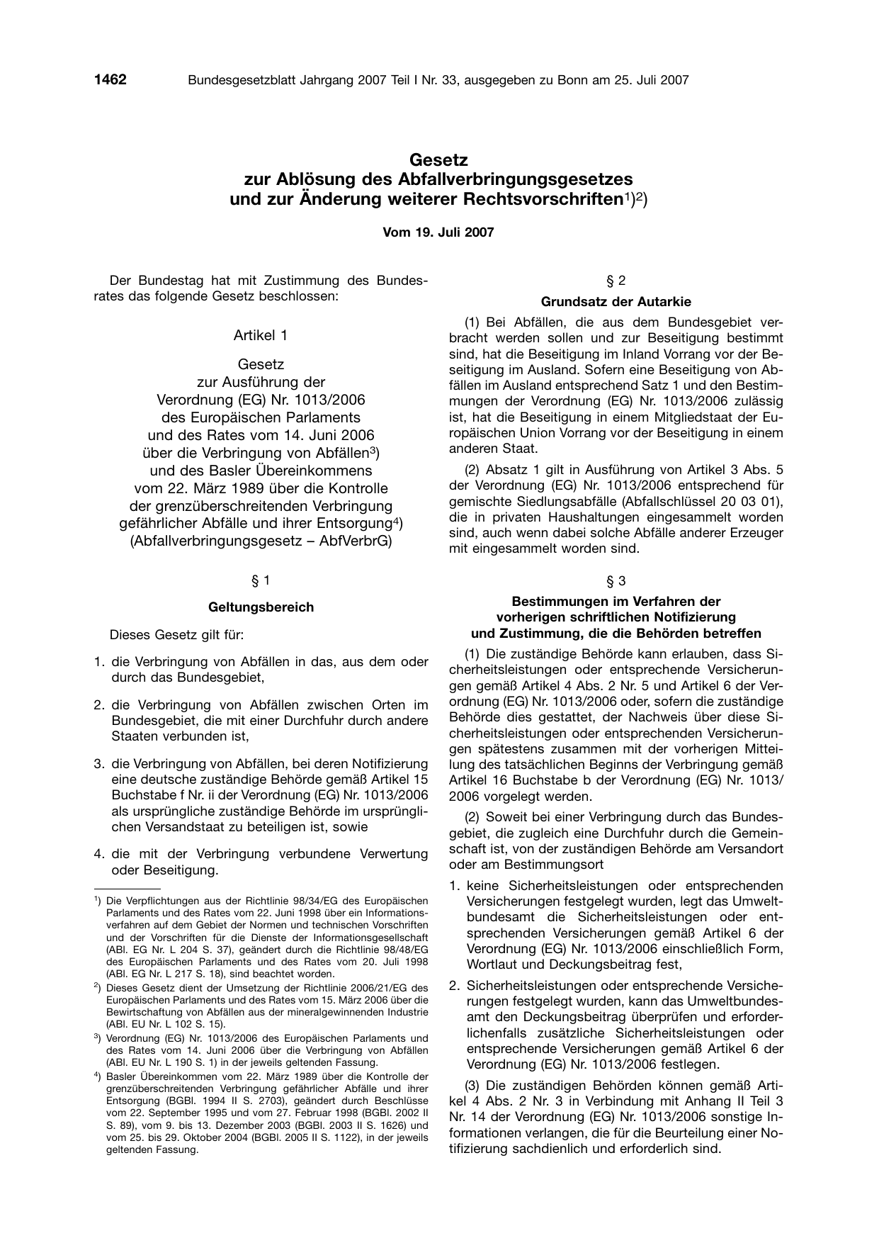 BGBl. 2007, Seite 1462 — Originalseite als Abbildung