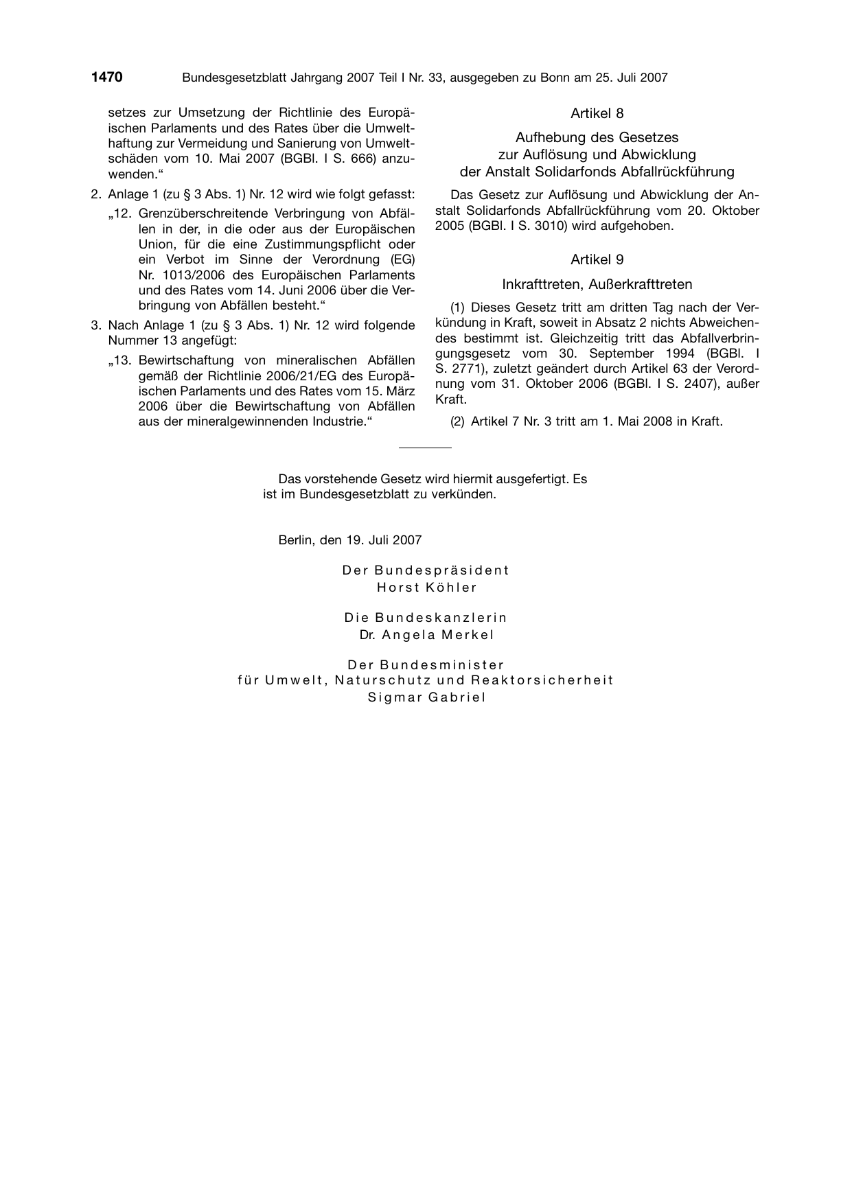 BGBl. 2007, Seite 1470 — Originalseite als Abbildung