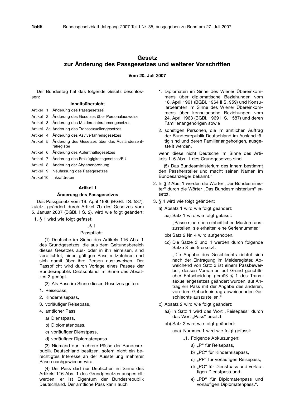 BGBl. 2007, Seite 1566 — Originalseite als Abbildung