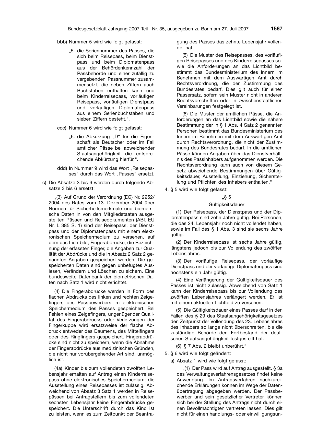 BGBl. 2007, Seite 1567 — Originalseite als Abbildung