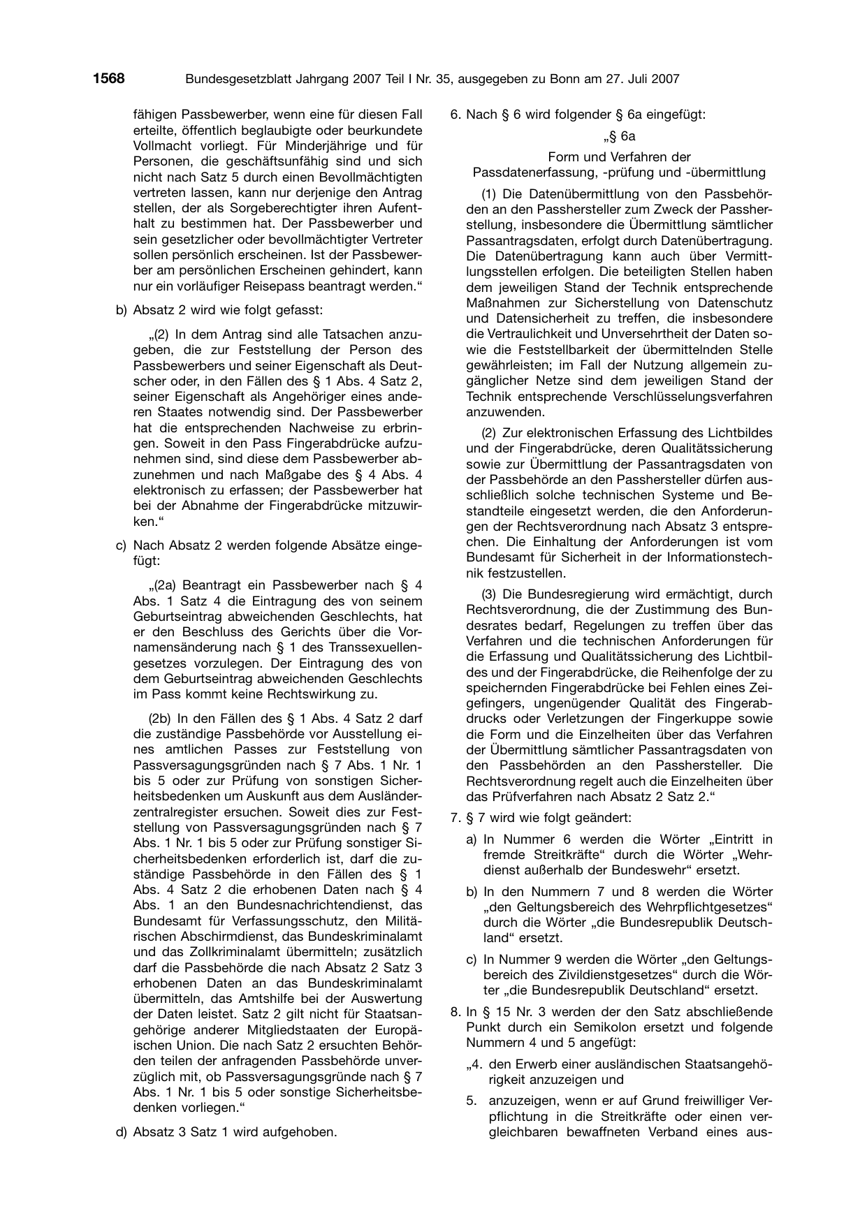 BGBl. 2007, Seite 1568 — Originalseite als Abbildung