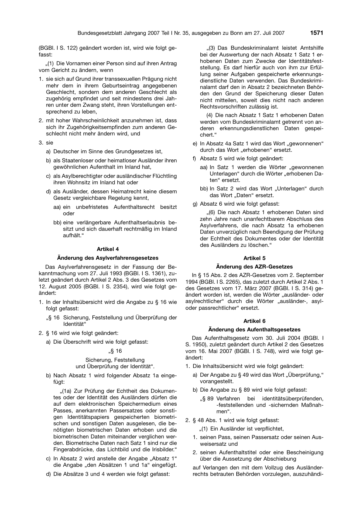 BGBl. 2007, Seite 1571 — Originalseite als Abbildung