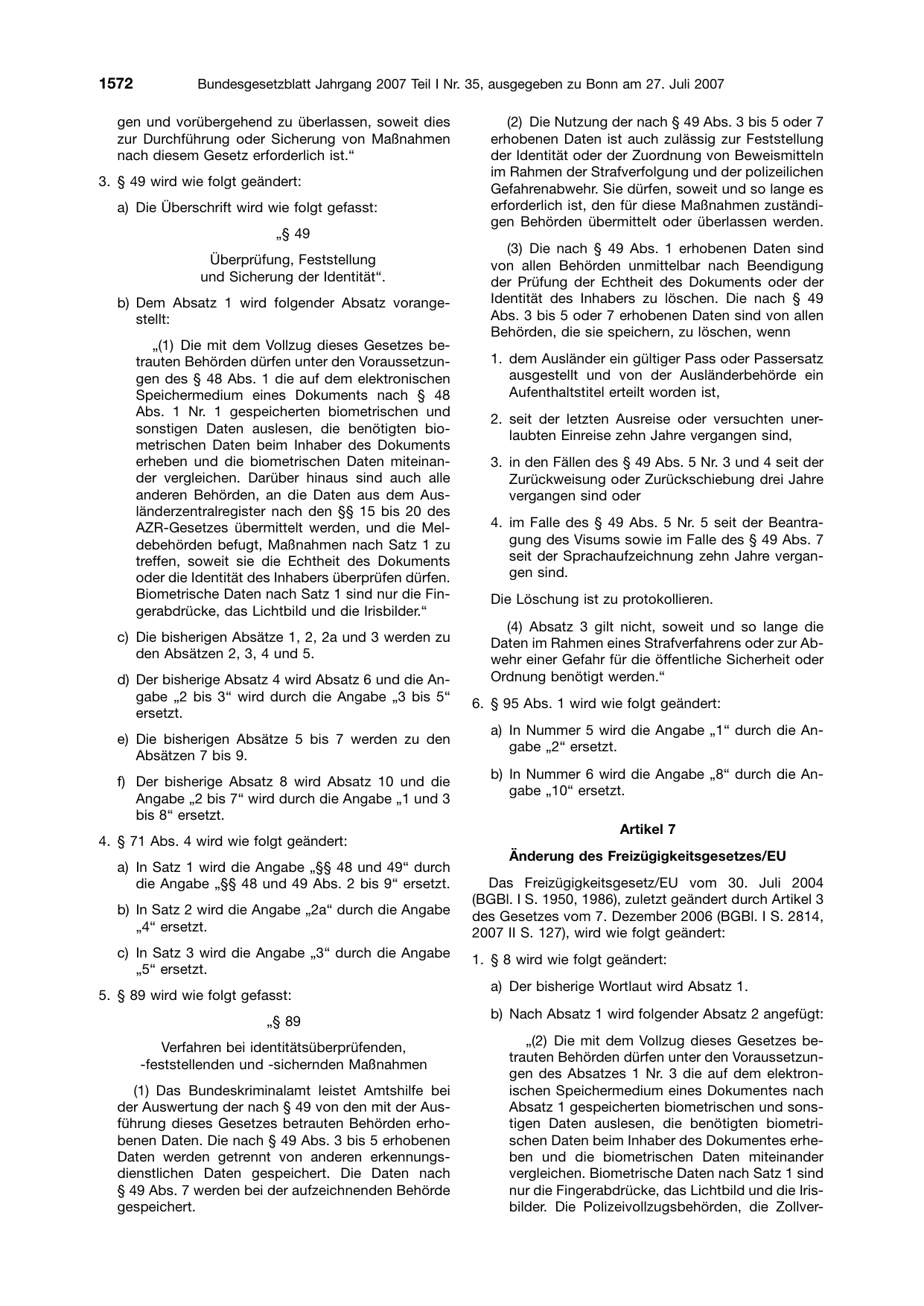 BGBl. 2007, Seite 1572 — Originalseite als Abbildung