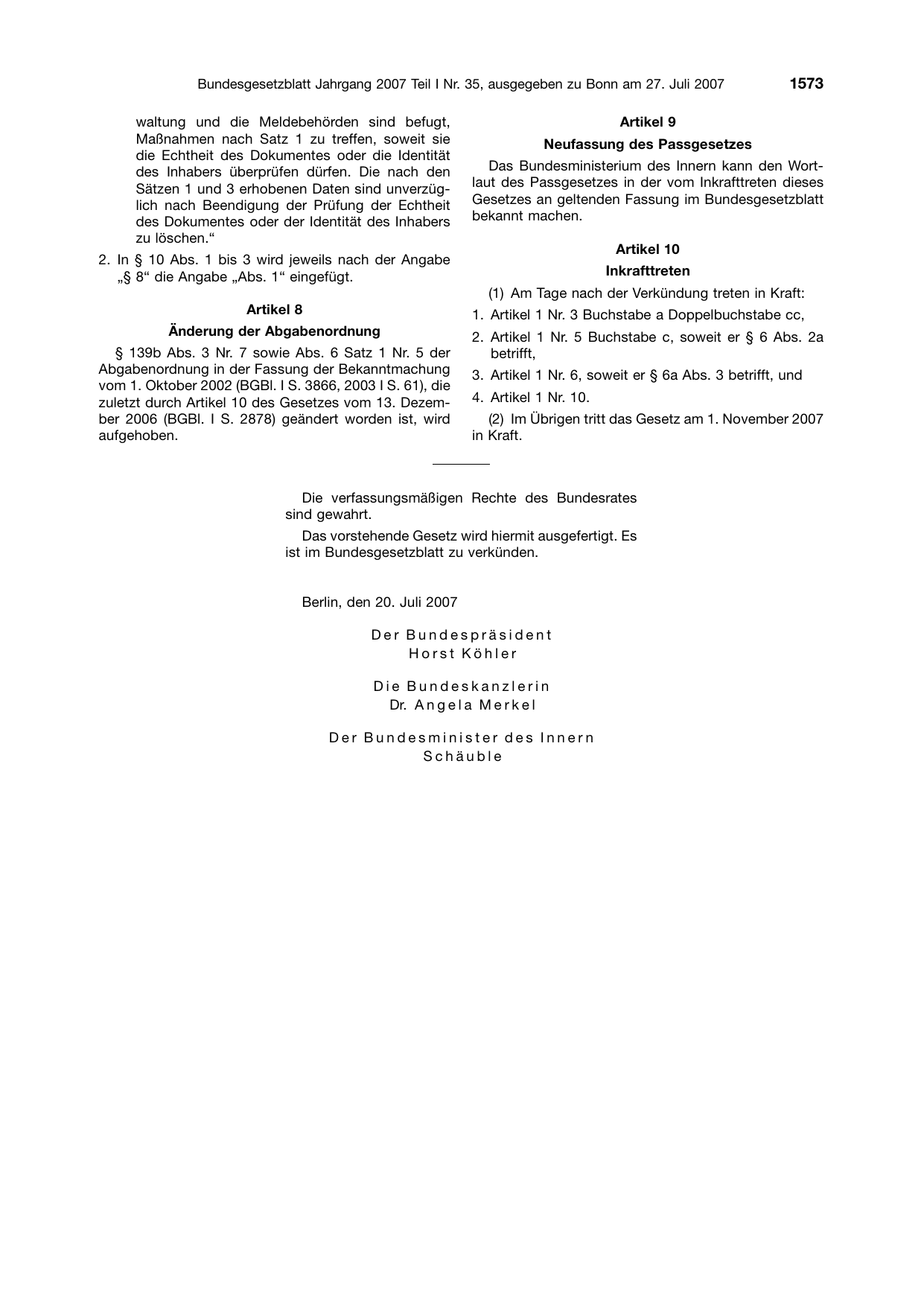 BGBl. 2007, Seite 1573 — Originalseite als Abbildung