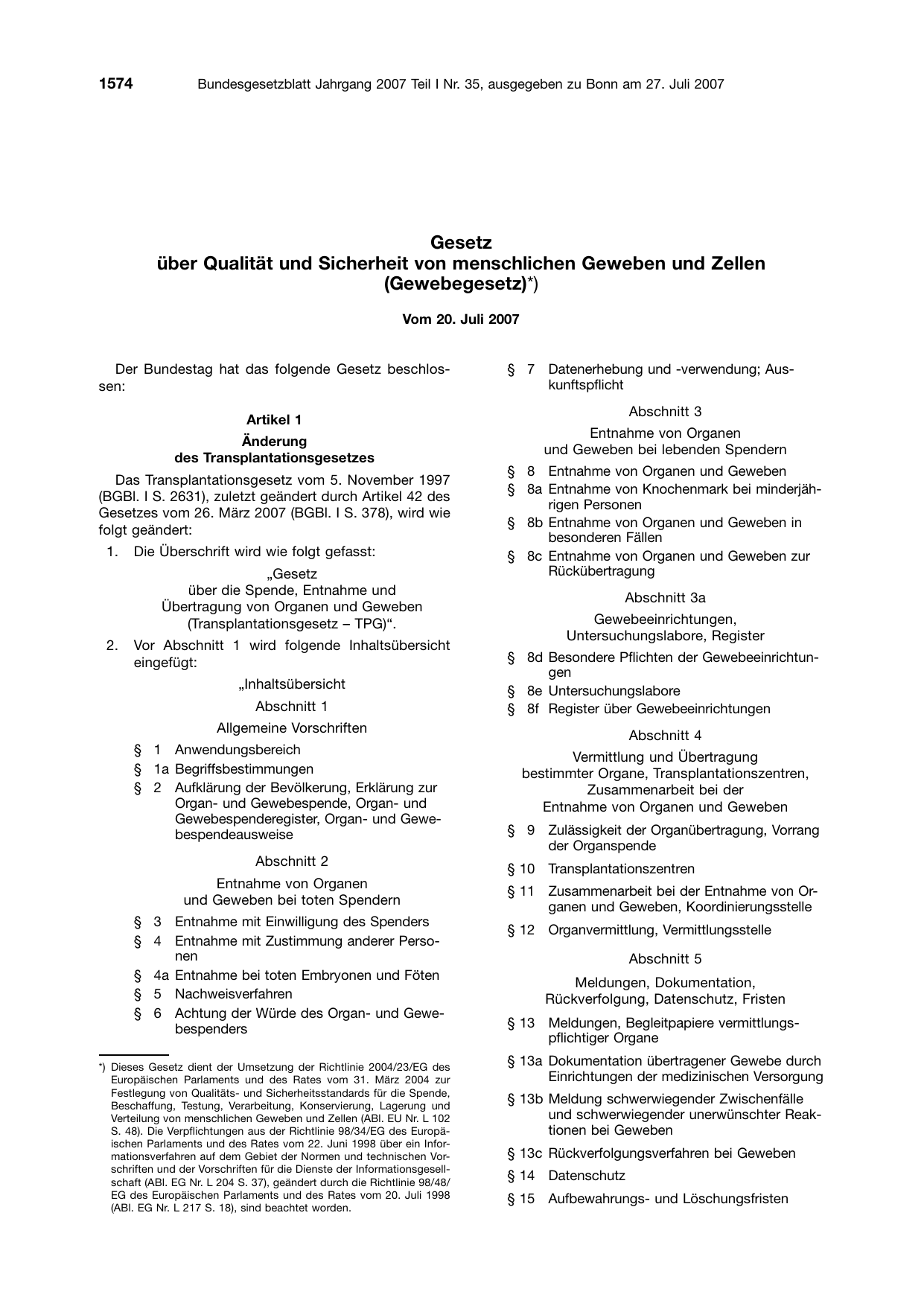 BGBl. 2007, Seite 1574 — Originalseite als Abbildung