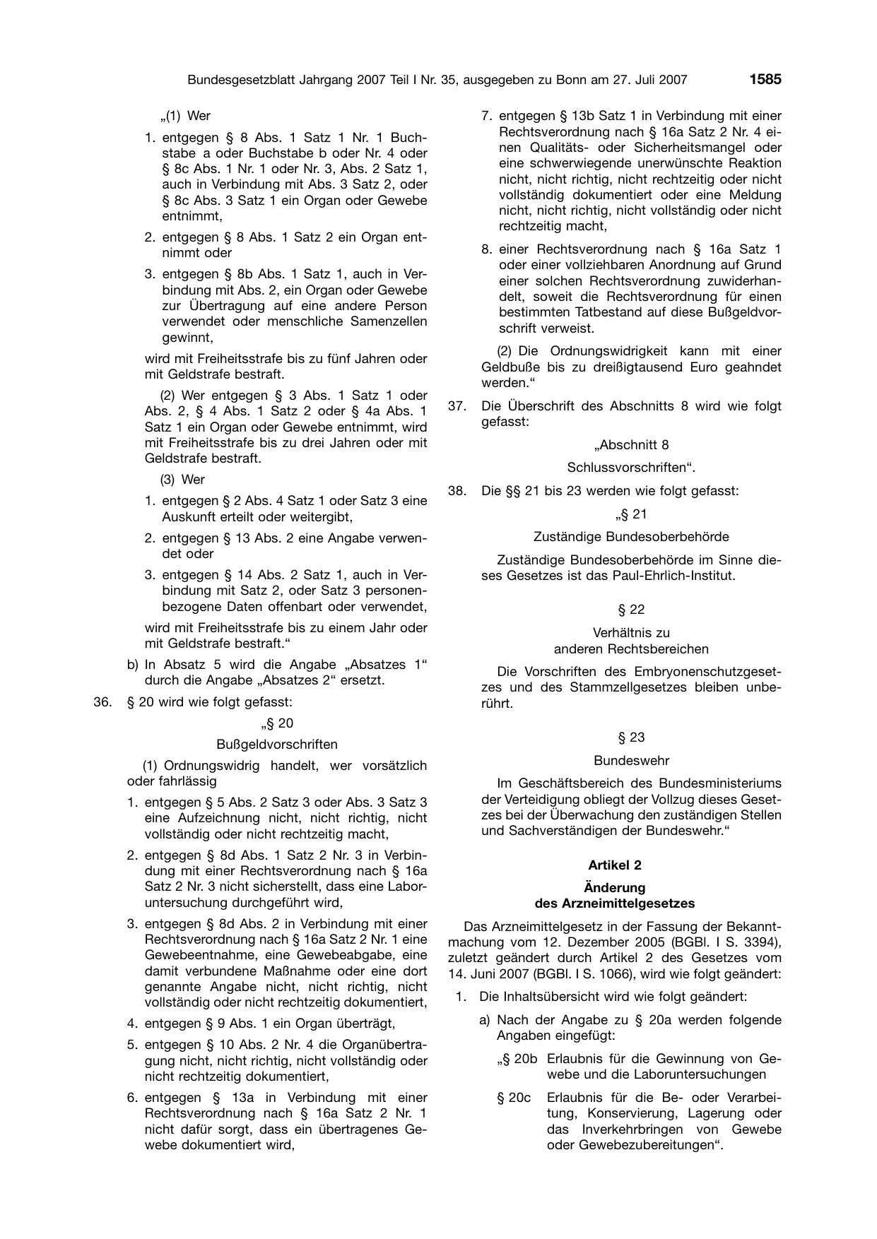 BGBl. 2007, Seite 1585 — Originalseite als Abbildung