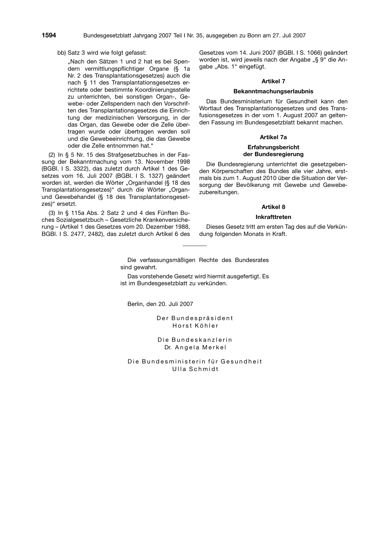 BGBl. 2007, Seite 1594 — Originalseite als Abbildung