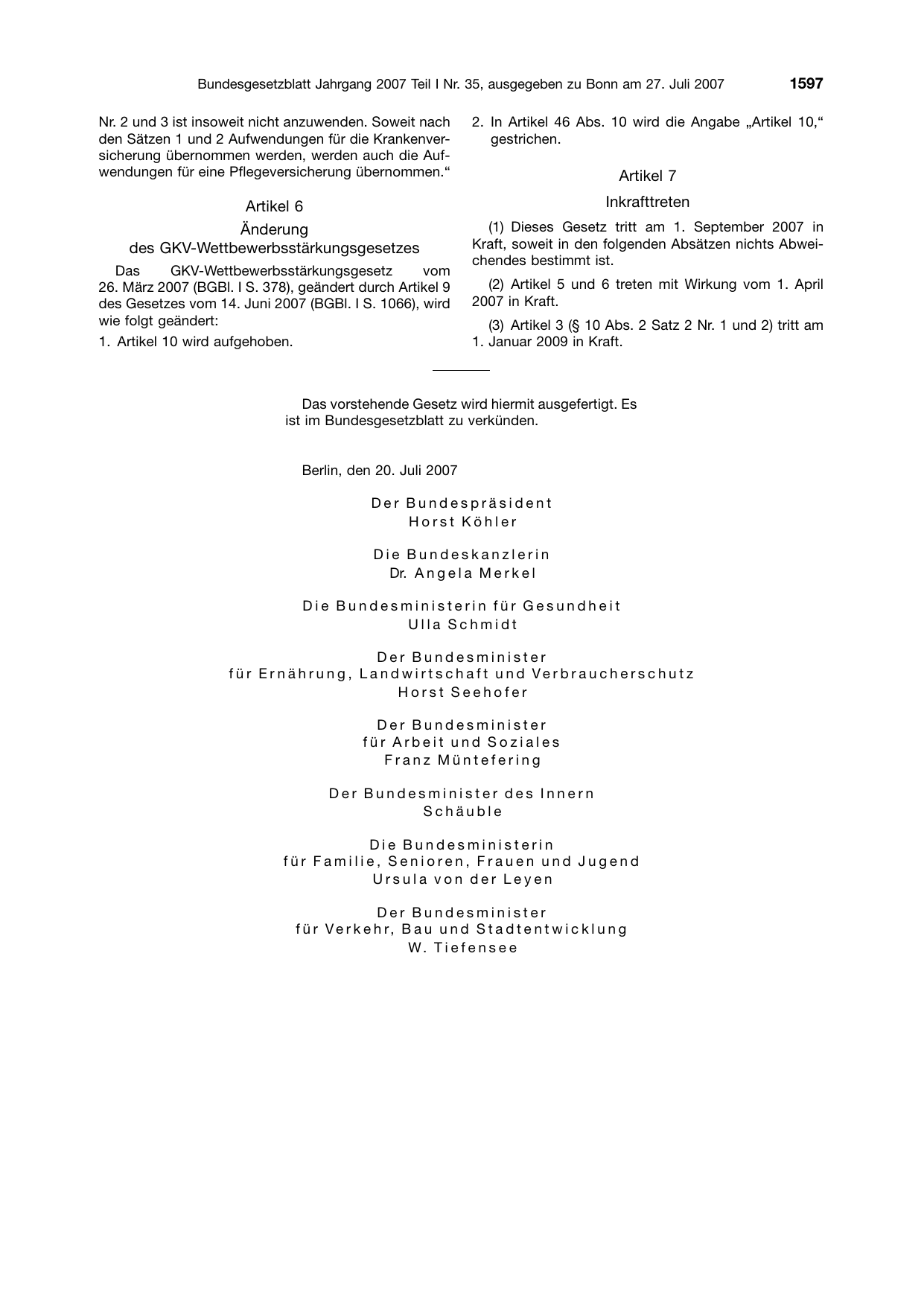 BGBl. 2007, Seite 1597 — Originalseite als Abbildung