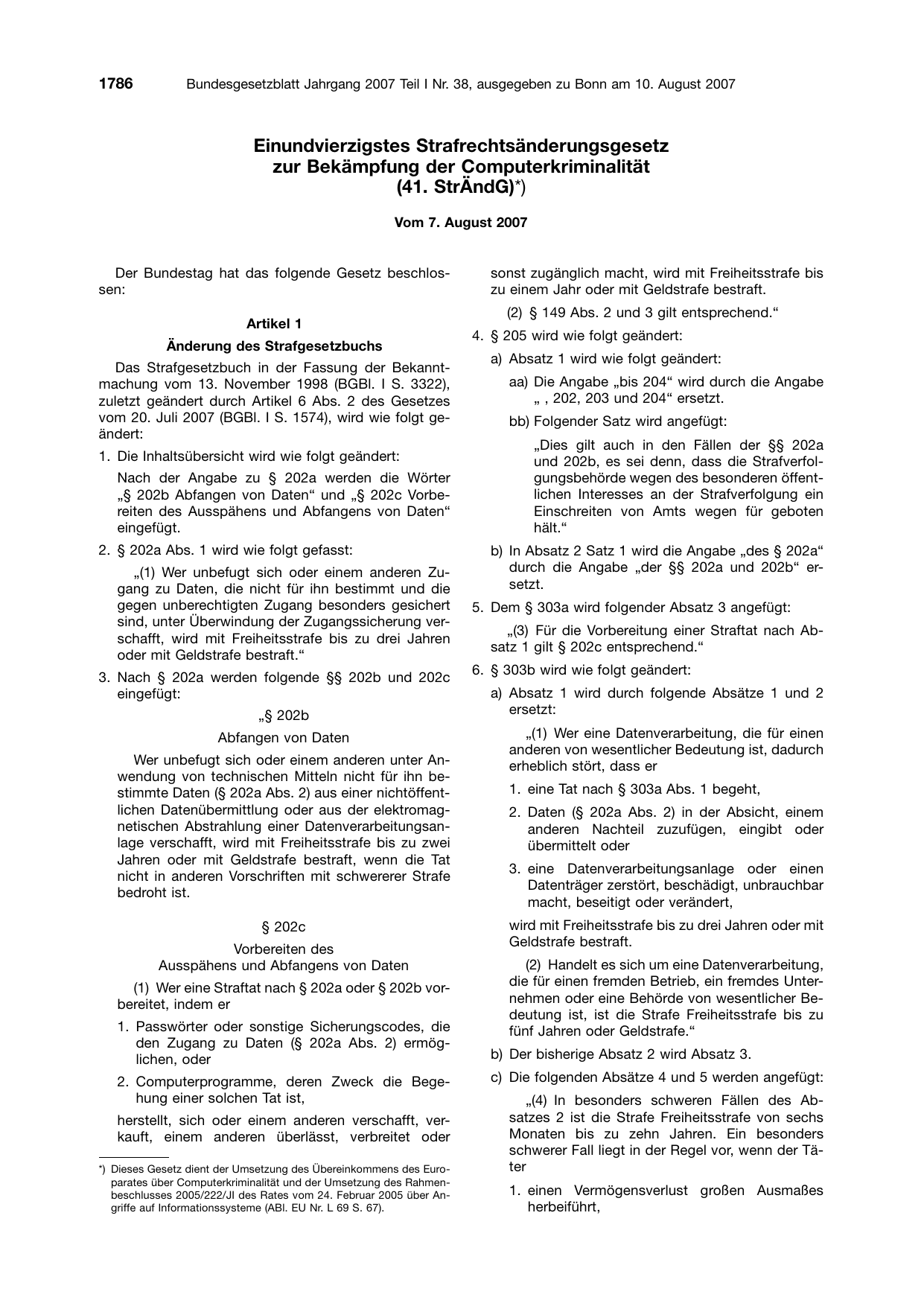 BGBl. 2007, Seite 1786 — Originalseite als Abbildung