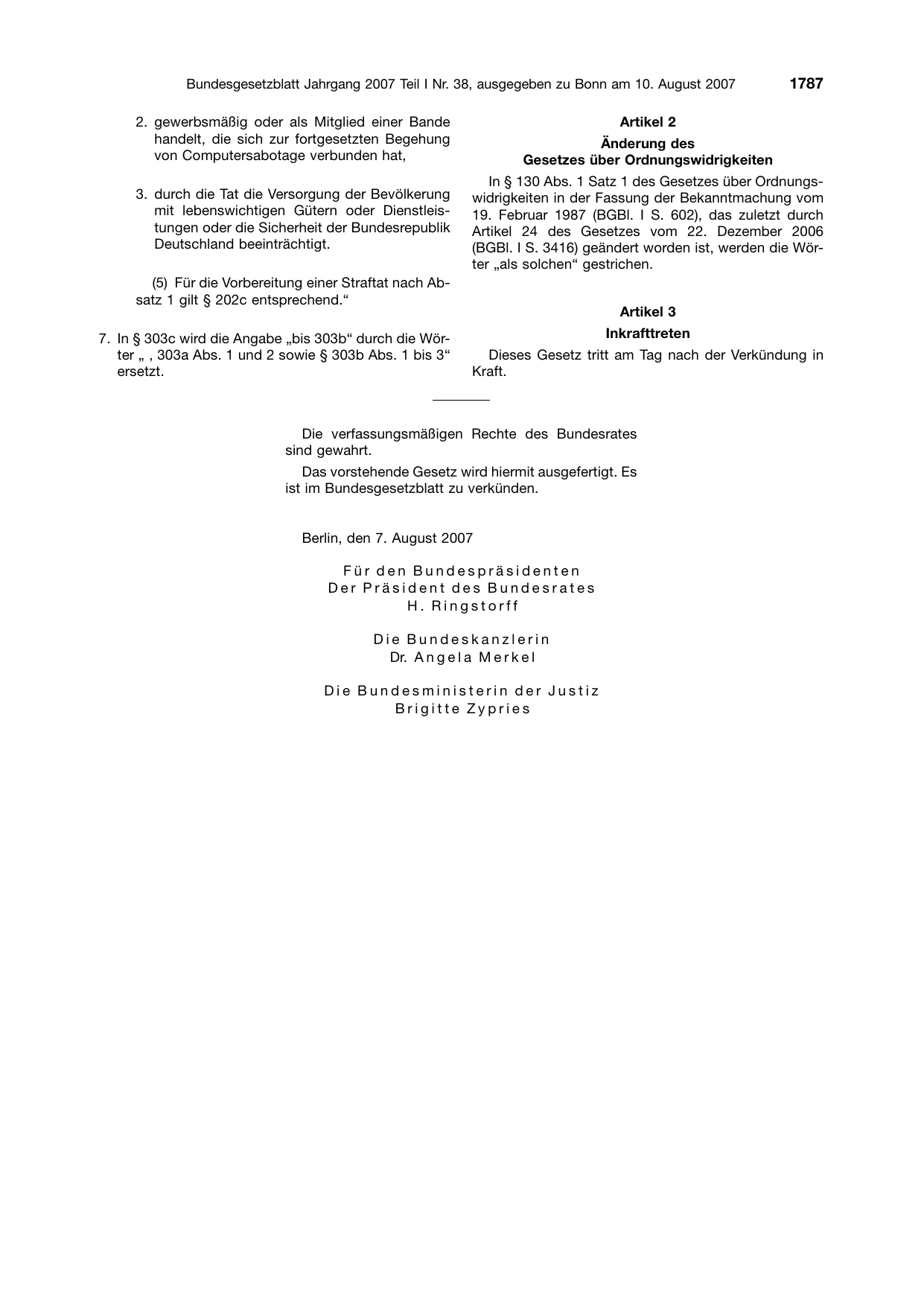 BGBl. 2007, Seite 1787 — Originalseite als Abbildung