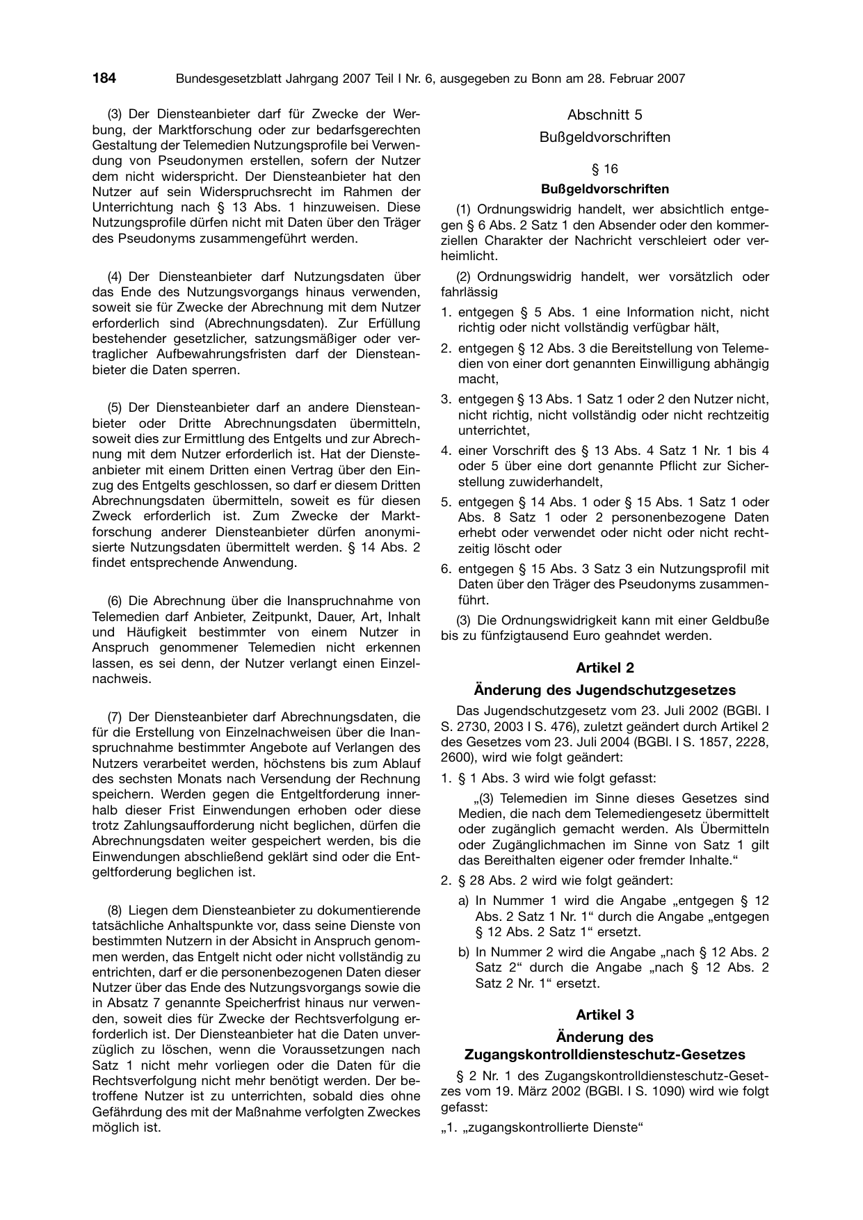 BGBl. 2007, Seite 184 — Originalseite als Abbildung
