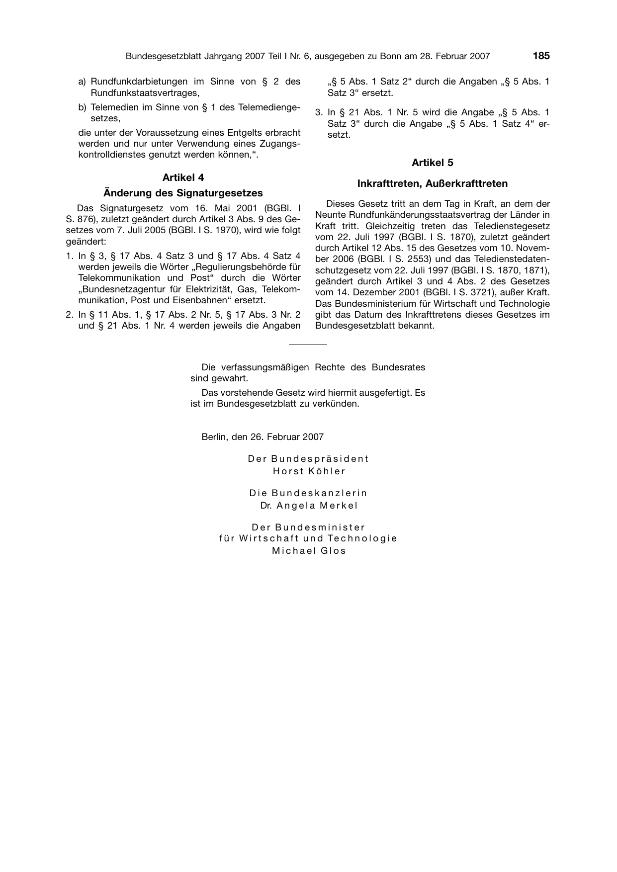 BGBl. 2007, Seite 185 — Originalseite als Abbildung