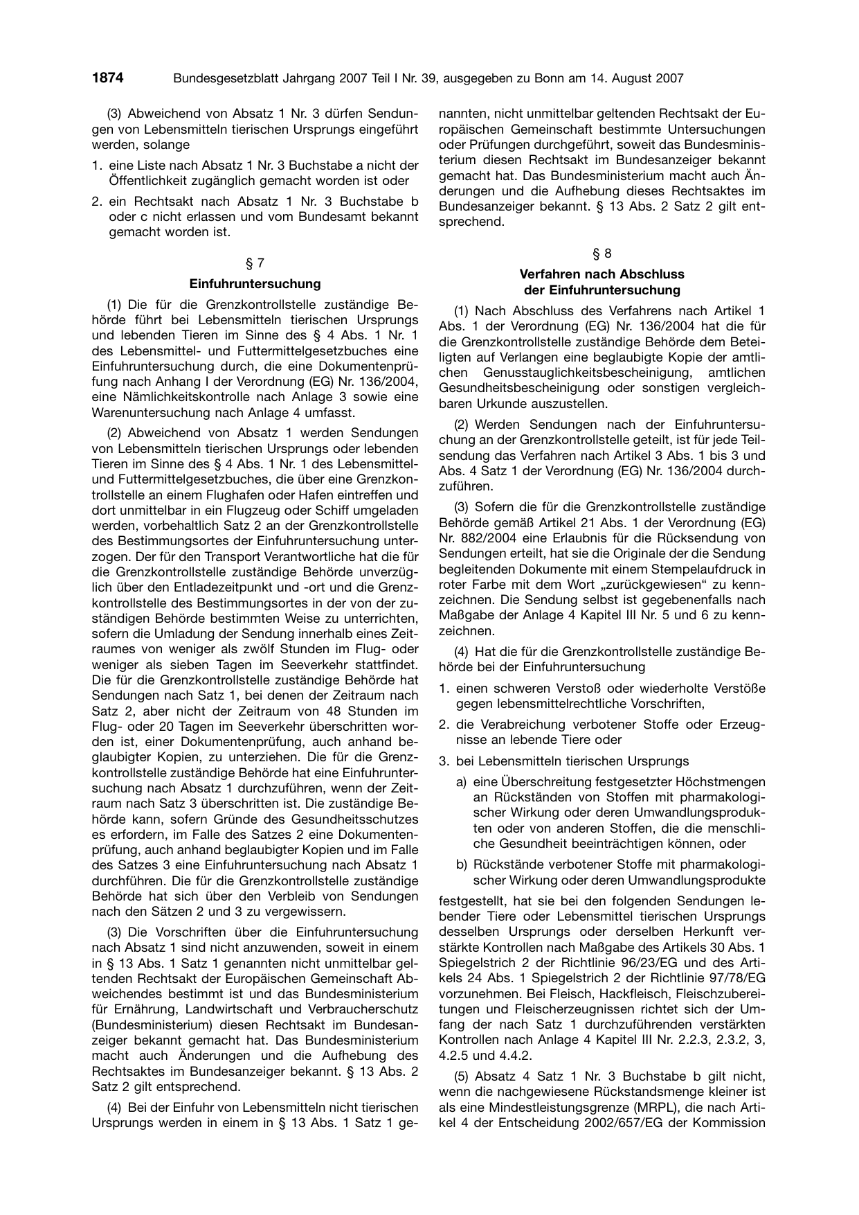 BGBl. 2007, Seite 1874 — Originalseite als Abbildung
