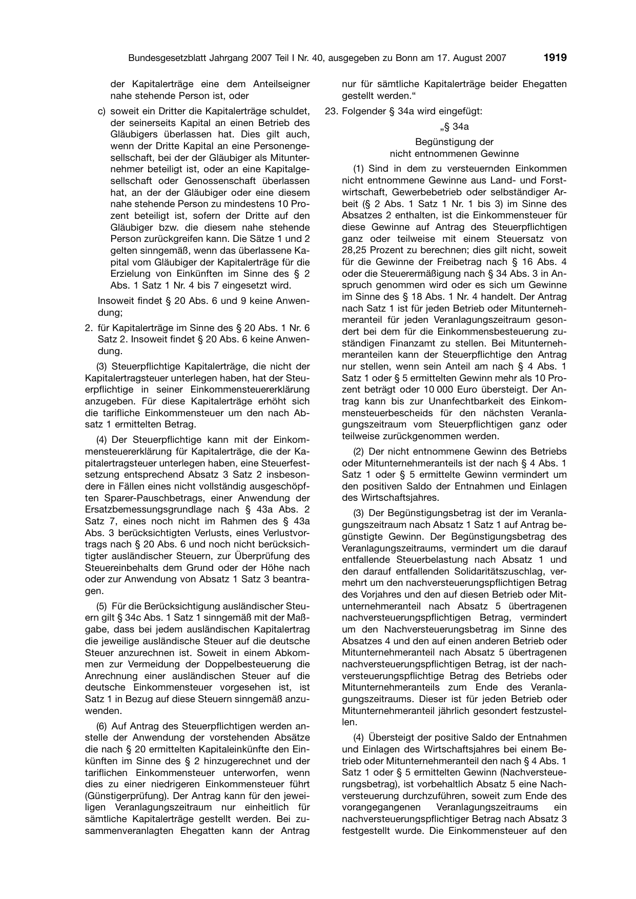 BGBl. 2007, Seite 1919 — Originalseite als Abbildung